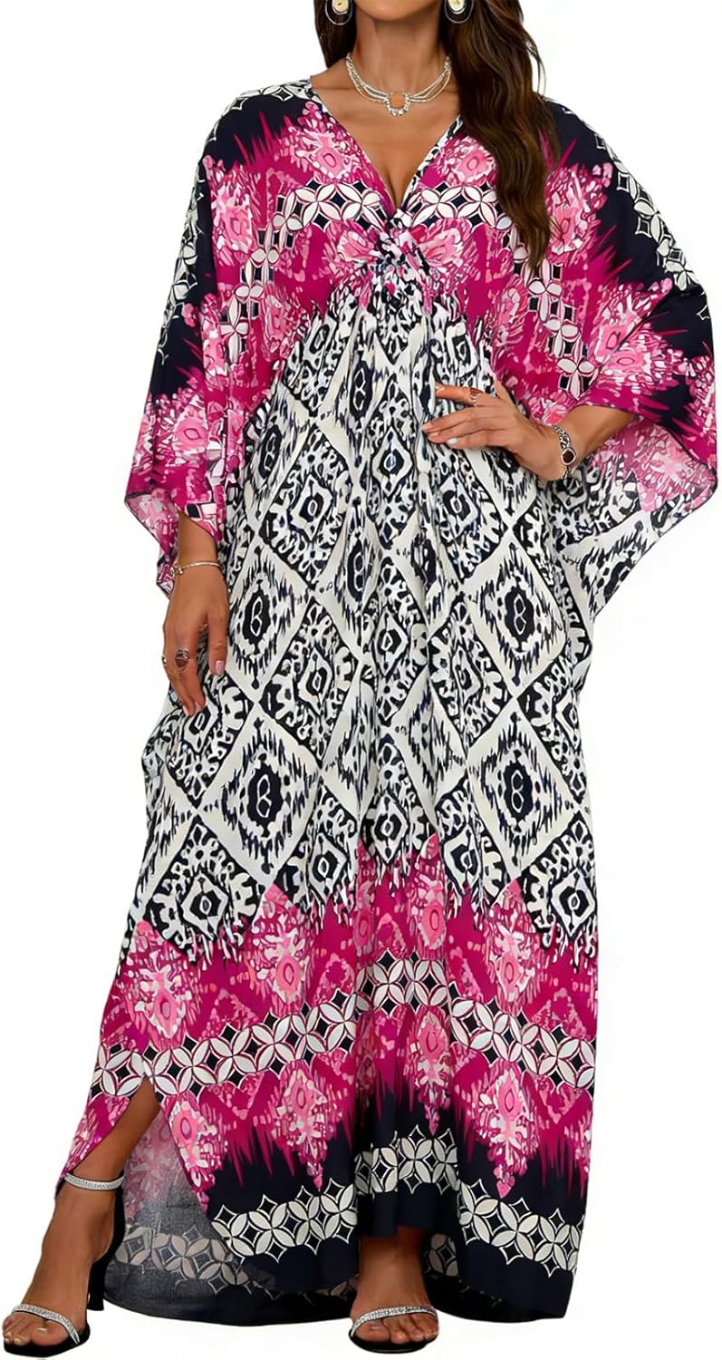 Kaftan Dresses for Women Plus Size V Neck Caftans Long Batwing Sleeve Beach Cover Ups Summer Floral Print Dress