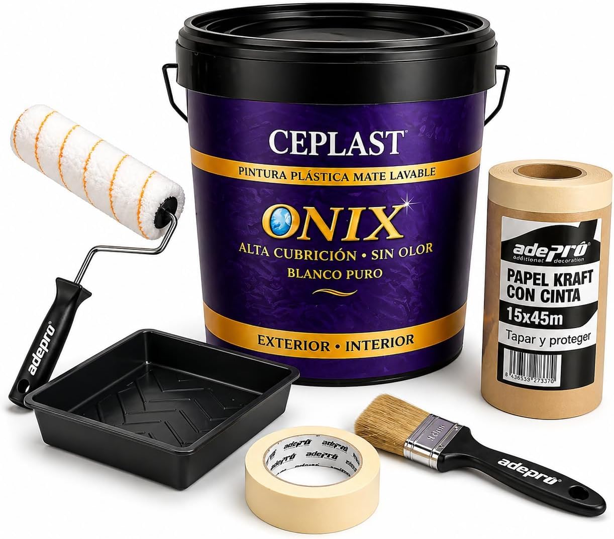 CEPLAST Kit Completo de Pintura ONIX Blanco 4L para Interior – Sin Olor, Alta Cobertura, con Rodillo, Cubeta, Papel Kraft y Accesorios para Pintar Casa Fácil