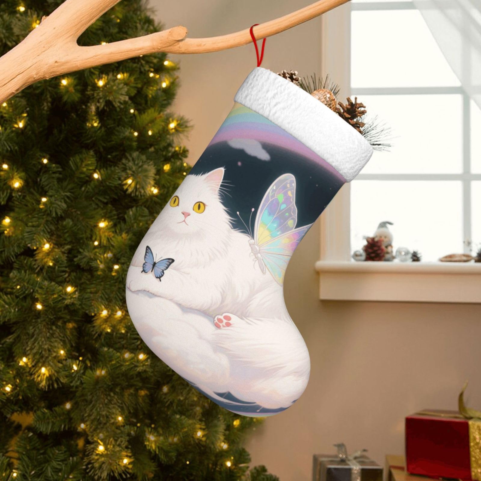 Velvet Christmas Stockings 17.7 Inch, Cat Butterfly Xmas Stocking with Soft Cuff,Classic Personalized Christmas Tree Decoration for Family Holiday New Year Party Supplies