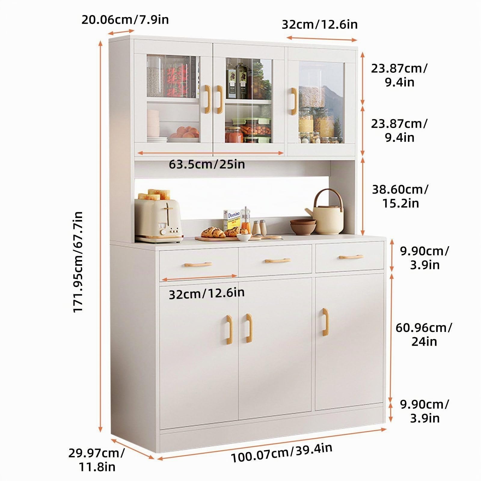 Küchenschrank, 170cm Vorratsschrank Küche, Hochschrank Buffetschrank aus Holz, Sideboard, Mehrzweckschrank mit Schubladen und Glastür, Offenem Fach, Vorratsschrank, Vitrinenschrank (Weiß)