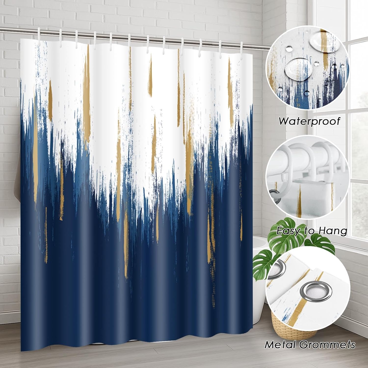 Blue Gold White Shower Curtain Set with Toilet Lid Cover and Non-Slip Rugs for Bathroom, Modern Oil Painting Abstract 4 Pcs Shower Curtain, Bathroom Set with 12 Hooks