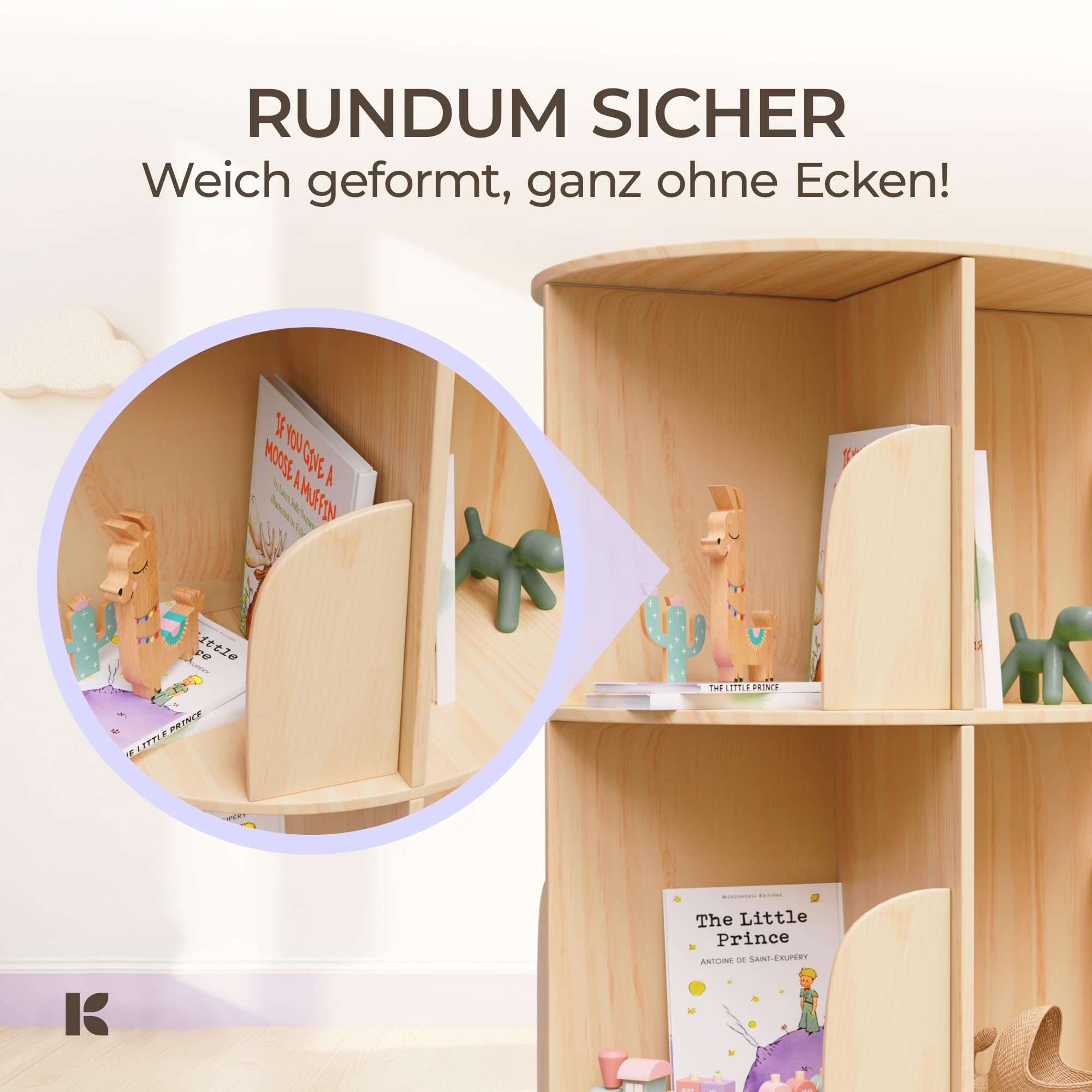 360° Drehbares Bücherregal Kinder - Kiefernholz Bücherregal Drehbar Kinder mit 4 verstellbaren Ebenen 130x46x46 cm - Drehregal, Standregal