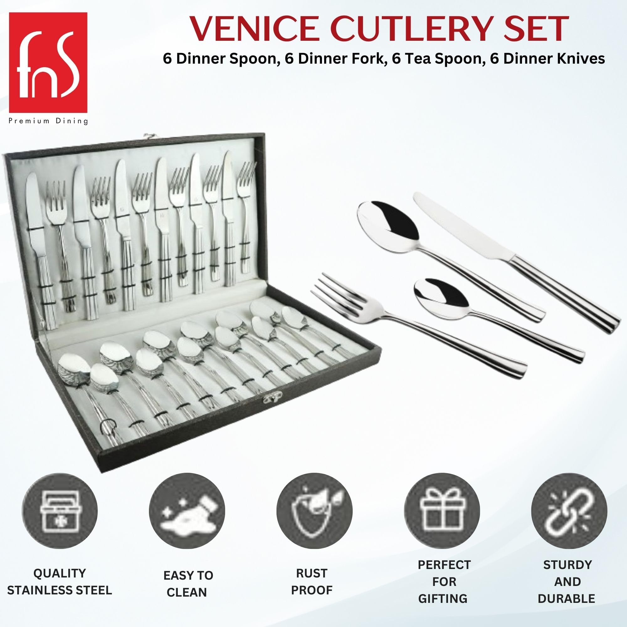 FnS Venice 24 Pc Stainless Steel Cutlery Set with Leatherette Box