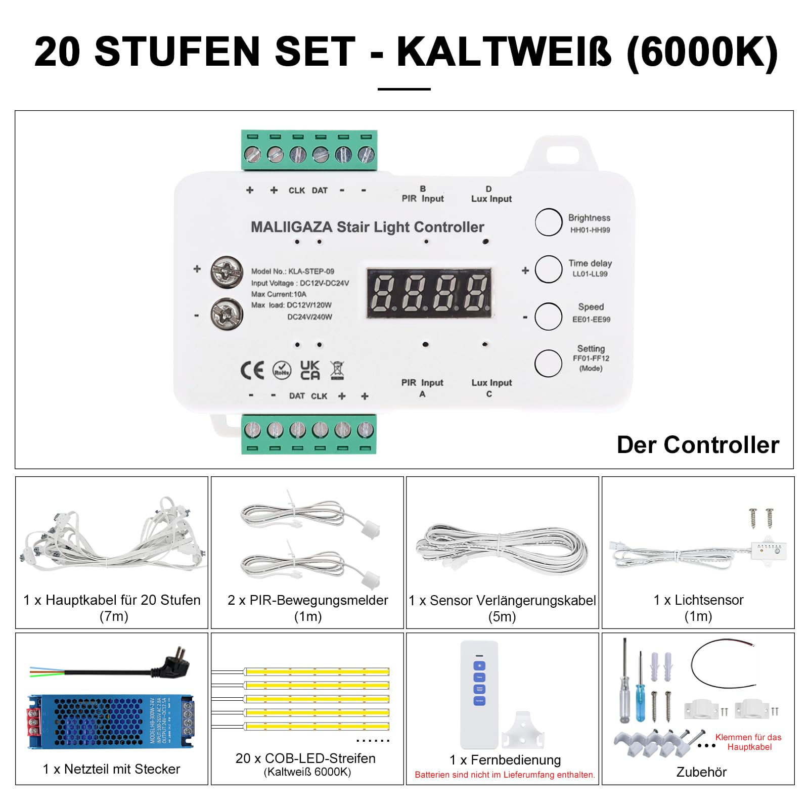 Iluminación inteligente para escaleras, 20 peldaños, luz blanca fría 6000 K, tira de luz LED COB con detector de movimiento y sensor de luz, iluminación automática de peldaños de escalera