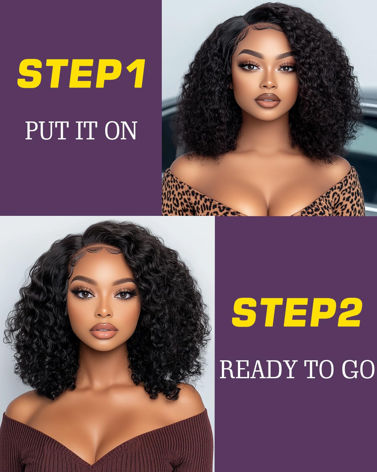 FASHION IDOL Short Curly Bob Human Hair Wig Precut Preplucked Glueless Wear and Go C-Type Part Lace Wig 200% Density Upgraded Invisible Secret Glueless Human Hair Ready to Wear Wigs - Image 2