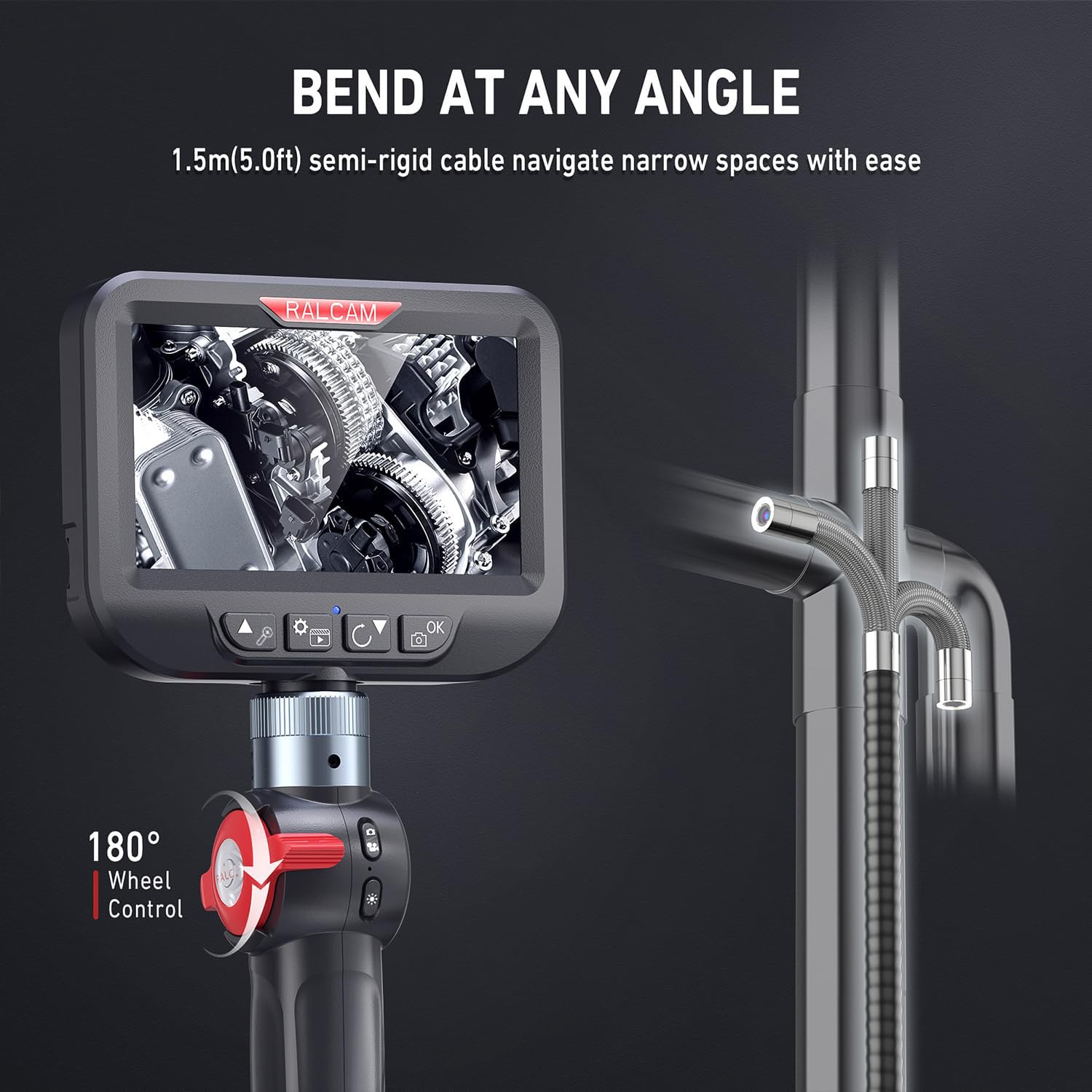 Ralcam Endoskopkamera mit Licht Endoscope Camera - Endoskop 8,5 mm Inspektionskamera 4,3" HD 1080P Rohrkamera, Kameras mit 6 LED, IP67 Wasserdicht Teleskopkamera Kfz Werkzeug (1,5M Halbstarre Kabel)