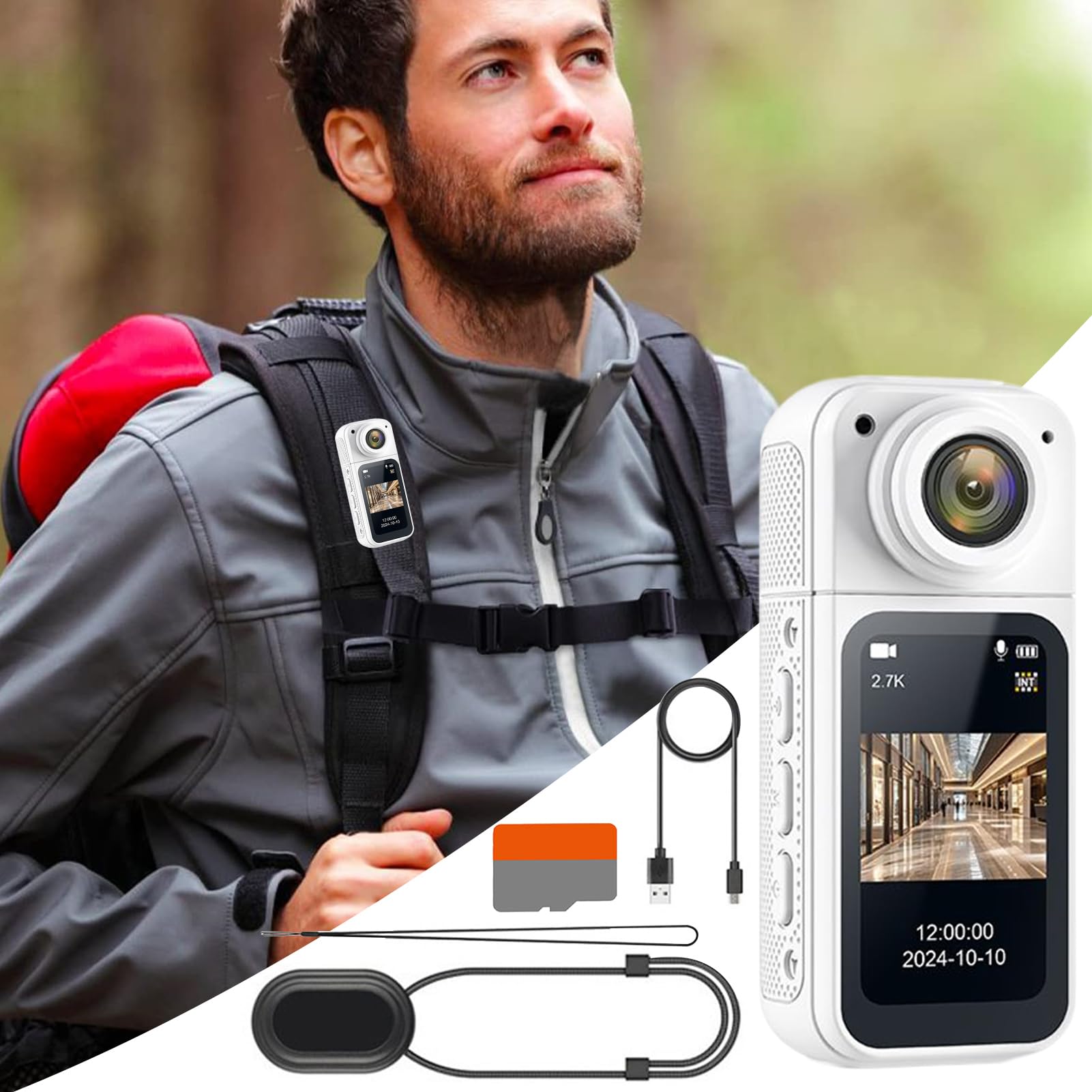 Videocamera per pollice, colore bianco, facile da usare, dispositivo di registrazione audio video, multifunzione, portatile, per viaggi, animali domestici, ciclismo, famiglia
