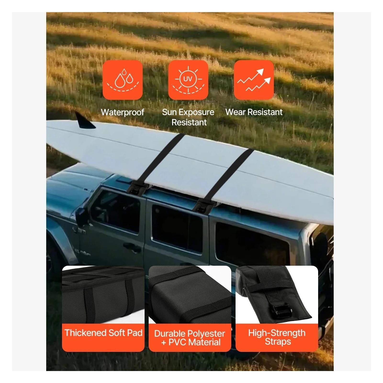 Genérico Barra Techo para Coches Almohadillas Blandas para Portaequipajes Techo Universales para Coche para Kayak con 2 Correade Amarre para Canoa Snowboard Y Remo Equipaje Superior Coche | 15.5inch