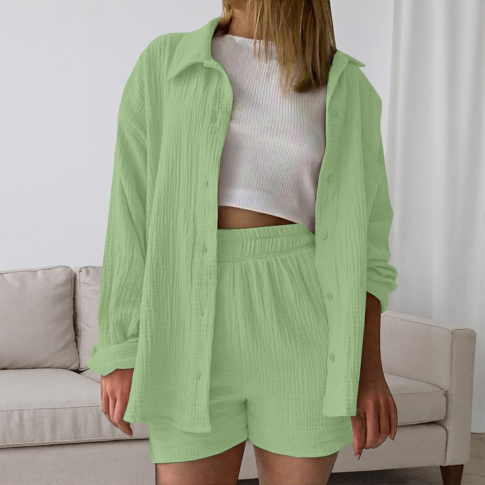 Zweiteiliges Outfit lässigem Langarmshirt Shorts mit hohem Bund für den # L