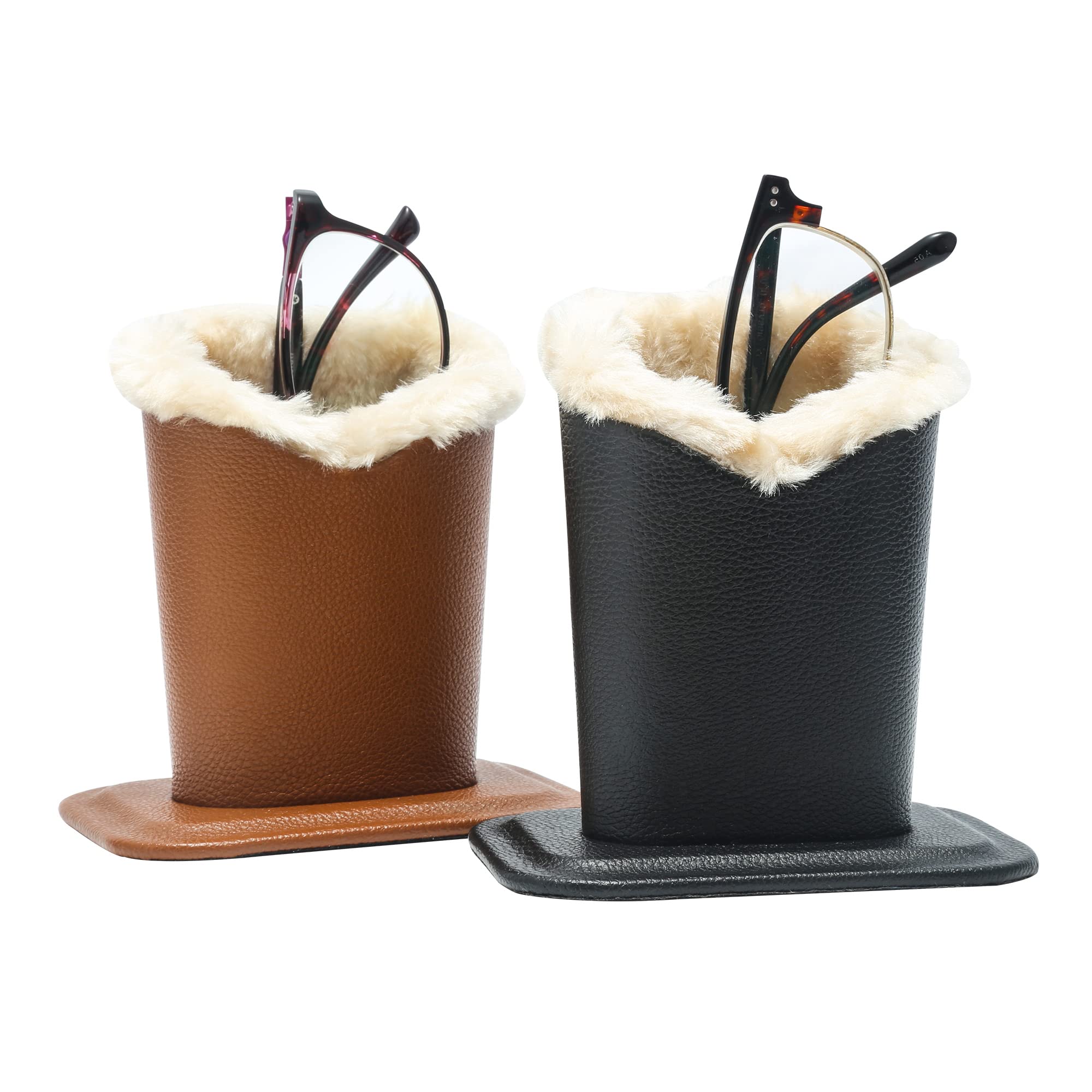 Bivisen Eyeglass Holder Stand, Modern Velvet Plush Lined PU Leather Eyeglasses Glasses Holder Case (Black + Brown), Black + Brown, Medium