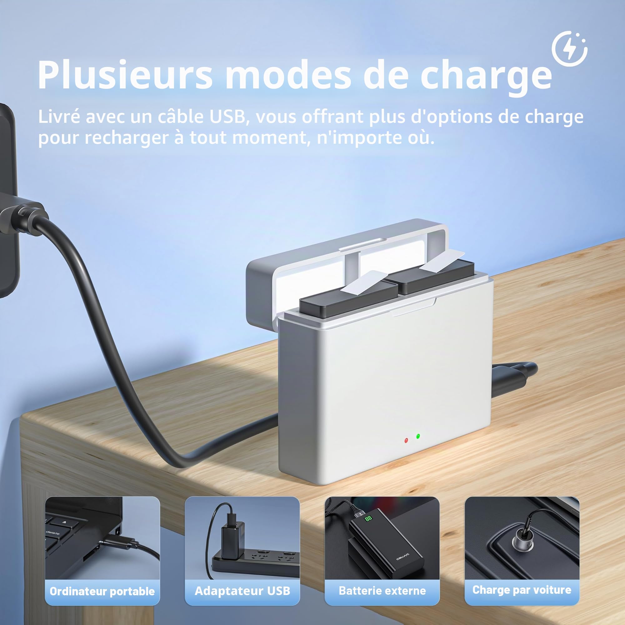 Batterie Chargeur pour DJI Osmo Action 5 Pro/ 4/3, 2 Batteries 1850mAh avec USB Chargeur Accessoires Compatible avec DJI Osmo Action 5 Pro, Osmo Action 4, Osmo Action 3
