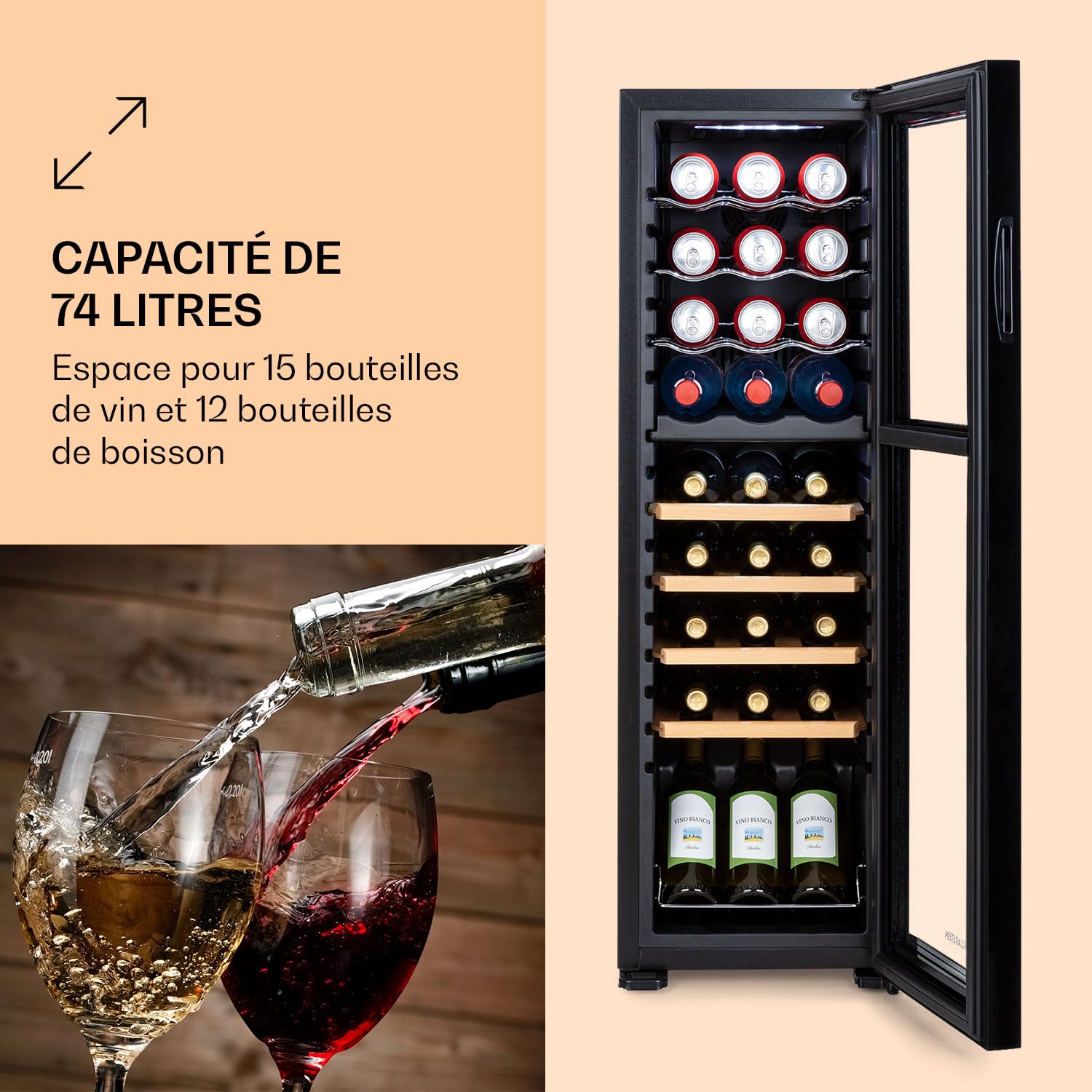 KLARSTEIN Bodega cave à vin deux zones porte vitrée 74 l 27 bouteilles noir