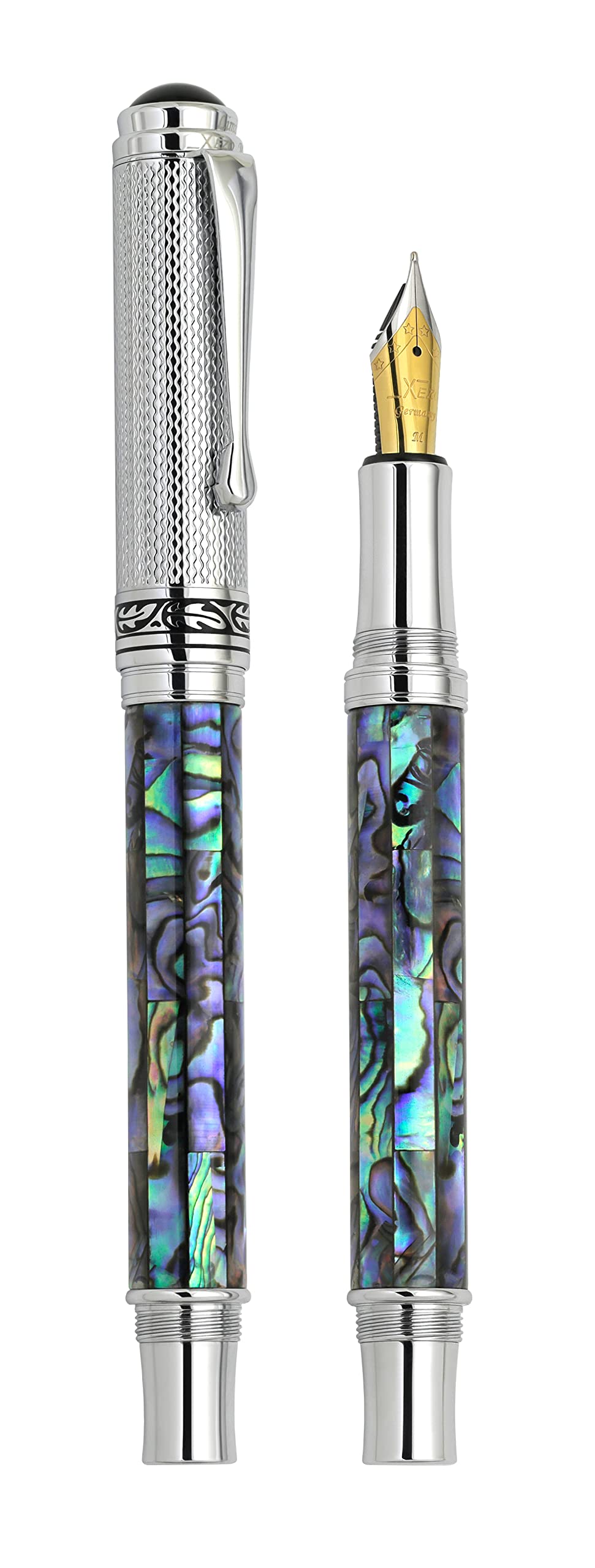 Xezo Maestro Fountain Pen, Medium Nib. Pāua Abalone Sea Shell Inlay with Chrome Plating. Handcrafted, Limited Edition, Serialized. No Two Pens Alike