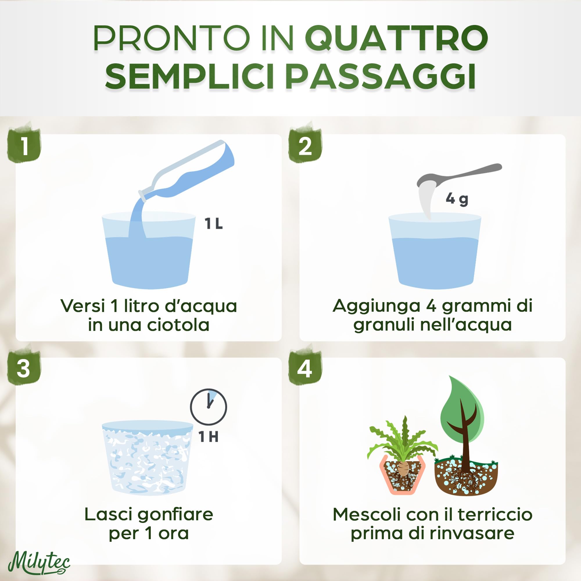 MILYTEC® Acqua Gel per Piante 1kg - per Riserva Acqua Terreno - Idratazione Prolungata per Vasi e Giardini Indoor e Outdoor - Assorbimento Rapido e Rilascio Graduale