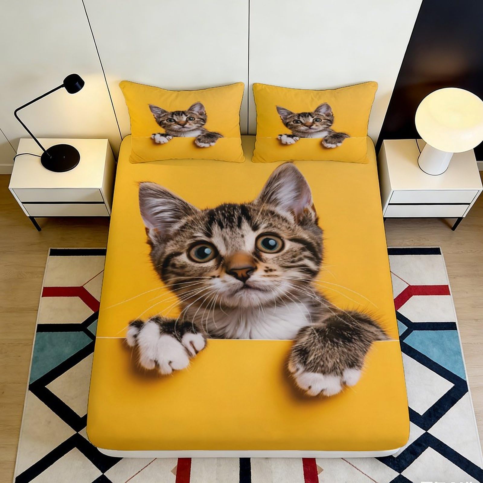3D Printed Cute Tabby Cat Fitted Sheet Microfiber Soft Yellow Cartoon Kitten Mattress Cover for Bedroom Guest Room Decor 90x200x25cm