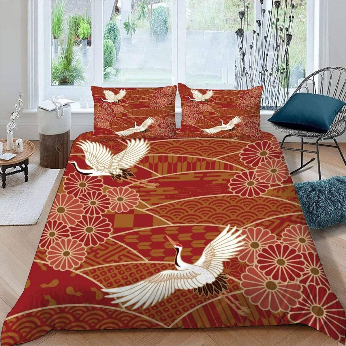 MEVASA Japanese Style Bedding Double Bed Set Microfiber Teenager Bedding Japanese Crane 3D Bedding Set for Small Double 3Pcs Anti Allergic Double Duvet Cover Set with Zipper /200x200