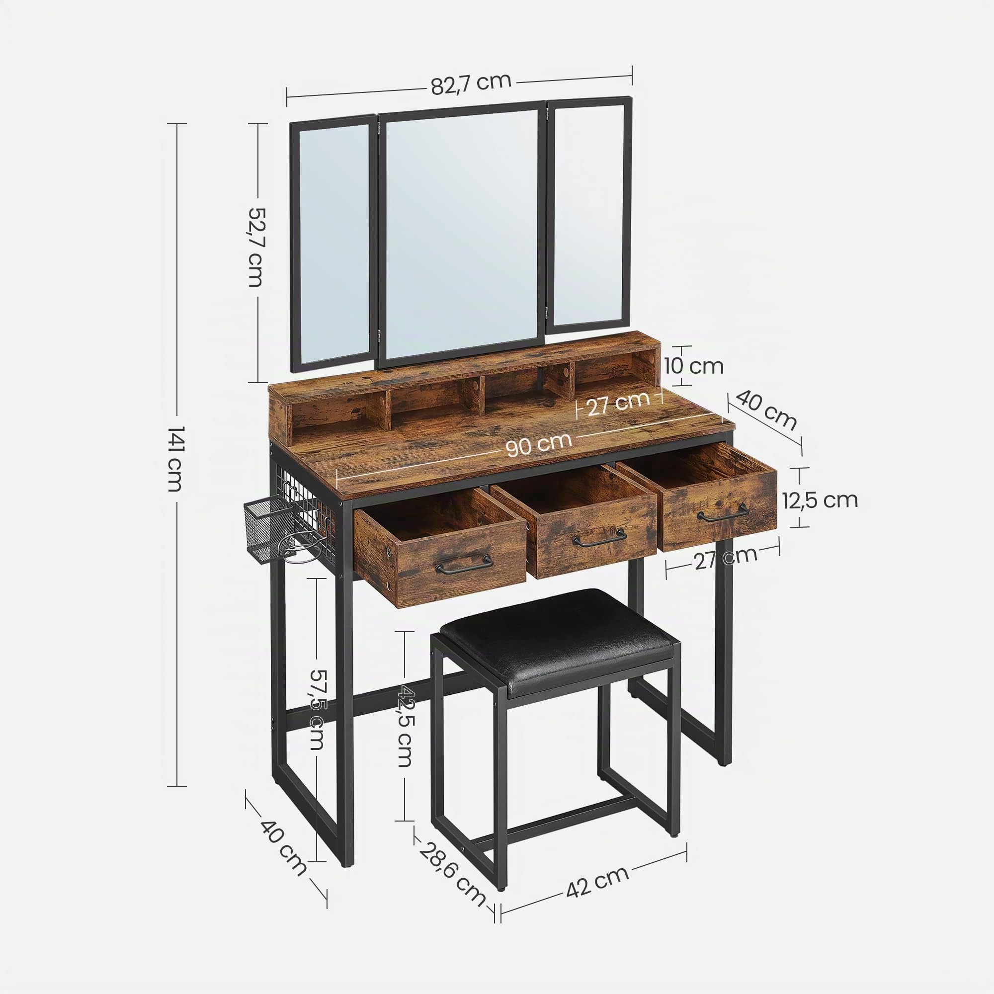 VASAGLE RVT004B01 - Set di mobili sotto lo sgabello imbottito, con specchio tripper, 3 cassetti, supporto per asciugacapelli, tavolo da toeletta, stile industriale, marrone rustico e nero