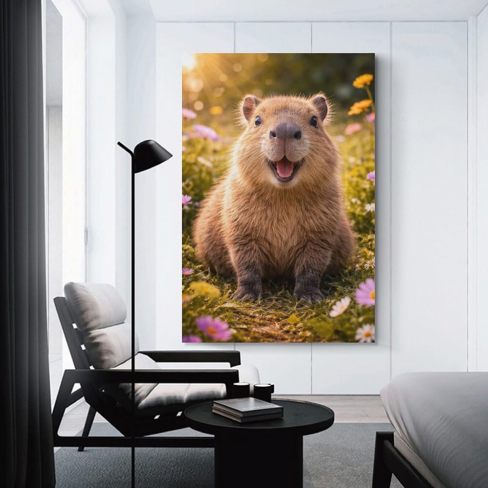 Junmoney Unframe-Style-24 Decorative Wall Artwork Happy Capybara In A Field Of Flowers, 24X36inch(60X90cm), For Contemporary Homes, Apartments Or Offices, An Easy Choice For New Home Styling