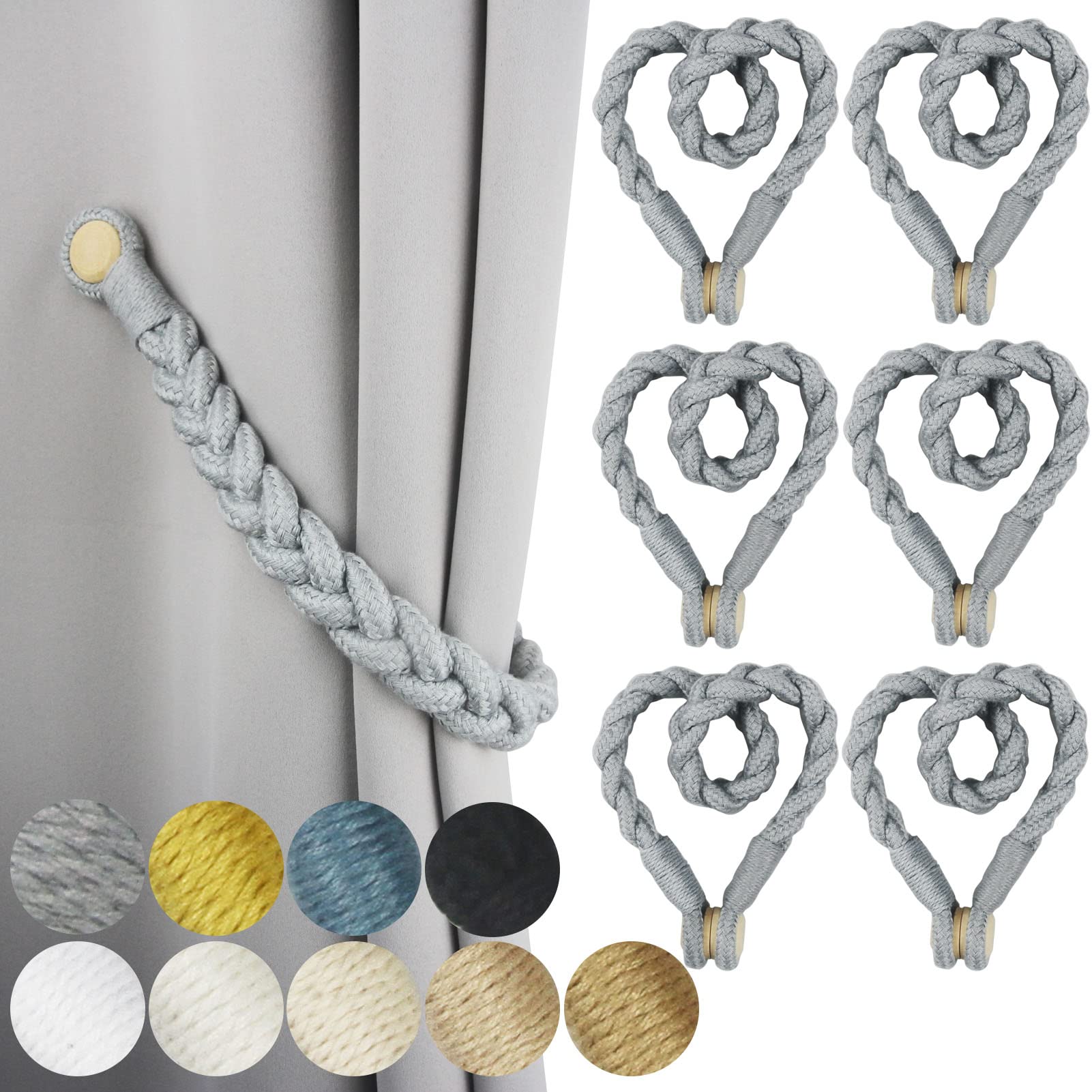 Confezione da 6 fermatenda magnetici morbidi in cotone intrecciato a mano fermatenda decorativi per la casa con fibbia in legno resistente per la decorazione di casa e ufficio (grigio, 6)