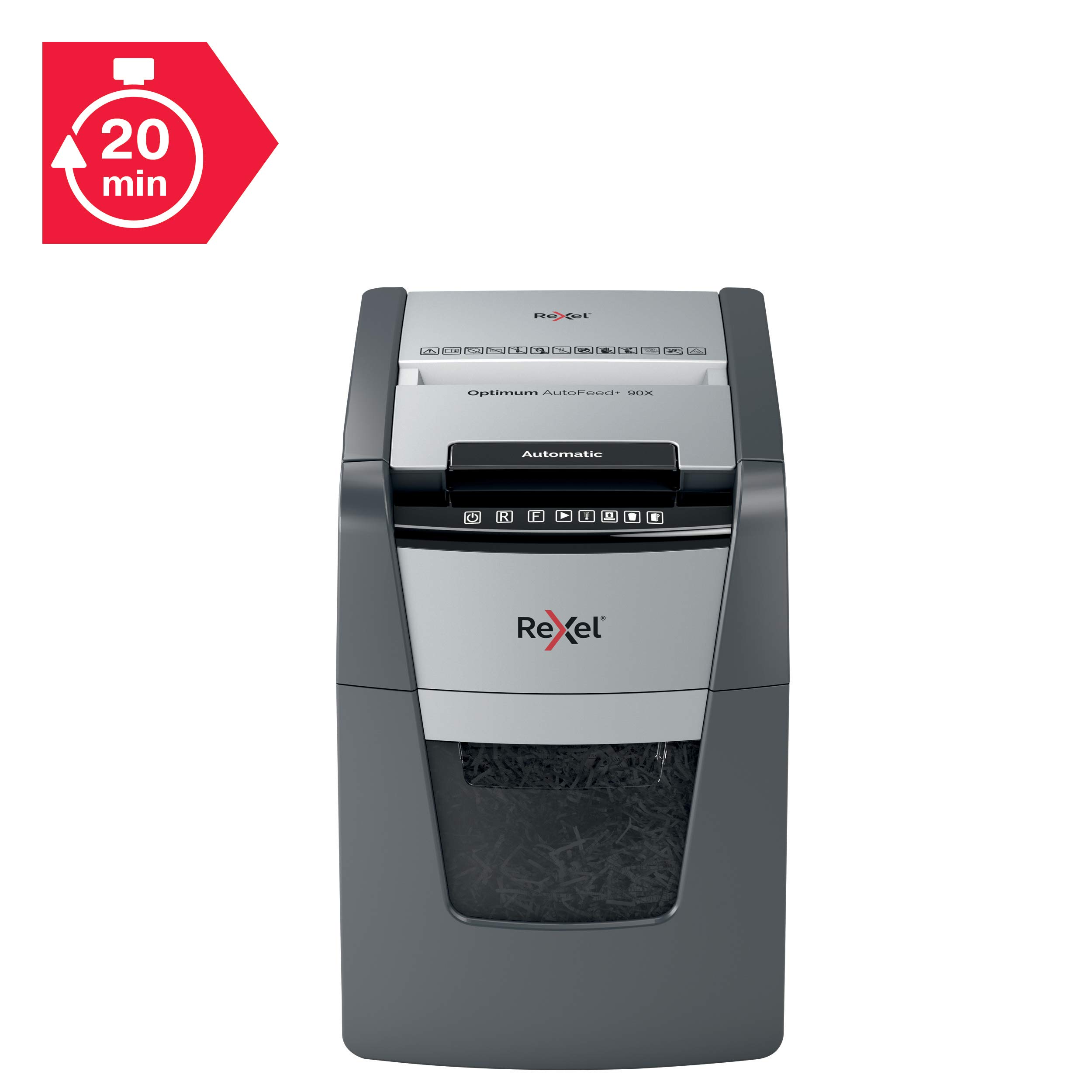 REXEL Optimum Auto Feed+ 90X, Distruggi documenti Automatico, 90-99 Fogli (80-70 gr/mq), Taglio a Frammento, Livello di Sicurezza P-4, per la Casa e per l'Ufficio, Capacità 34 Litri, 2020090XEU