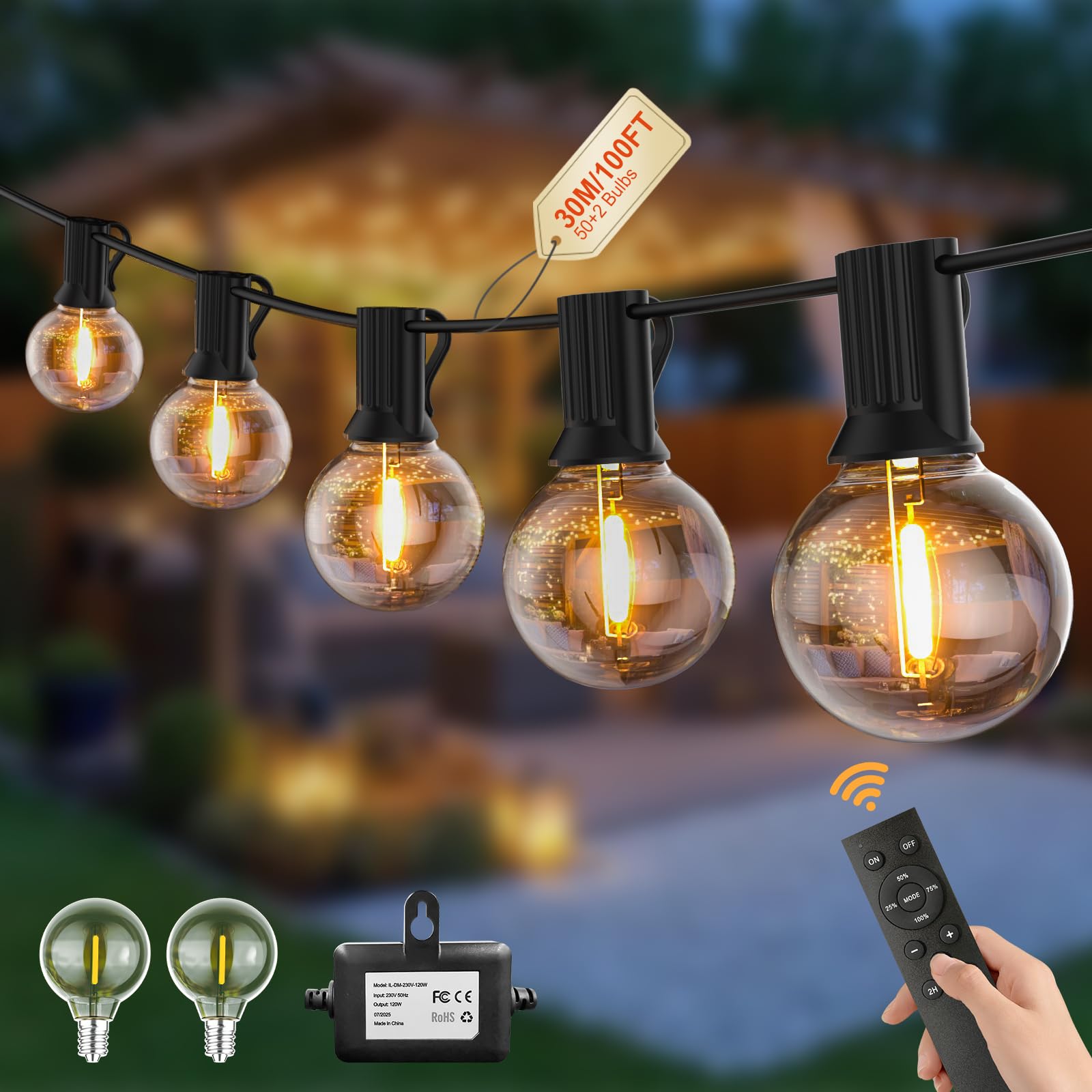 Guirnalda Luces Exterior G40 30M,24V con Mando a Distancia,Regulable,Temporizador,50 Bombillas Irrompibles,Iluminación Impermeable para Patio,Jardín,Balcón y Gazebo