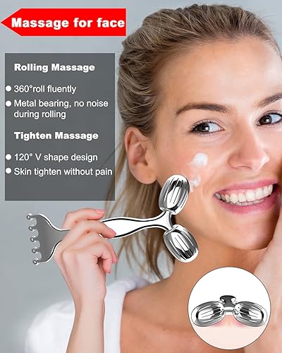 Miniatura 4 de Yeamon Rodillo de masaje de metal 3 en 1, masajeador de cuero cabelludo y Gua Sha, rodillo masajeador facial de metal, rodillo de masaje facial