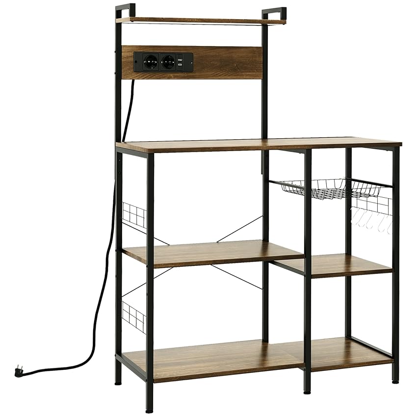 HOMCOM Scaffale da Cucina con Multipresa, Mobile Cucina per Microonde con Ripiani e Cestino a Rete Stile Industriale, 90x42x130cm, Marrone