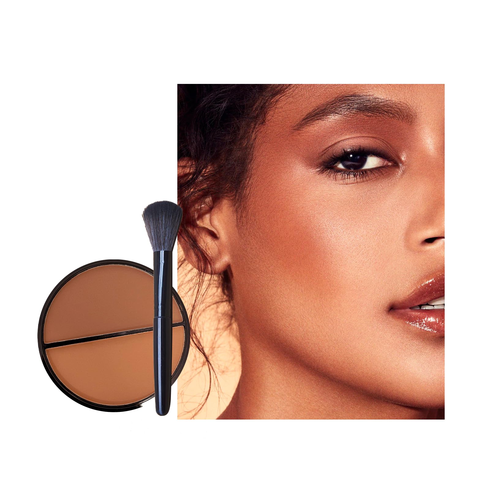 Contour Powder Brush Face Natural Shadow and Highlighter in One Matte Brighten with Brush Palette Make Up Set, Beginners Makeup Face Blusher Smooth Sculpting Bronzer for Women Medium Skin Tone