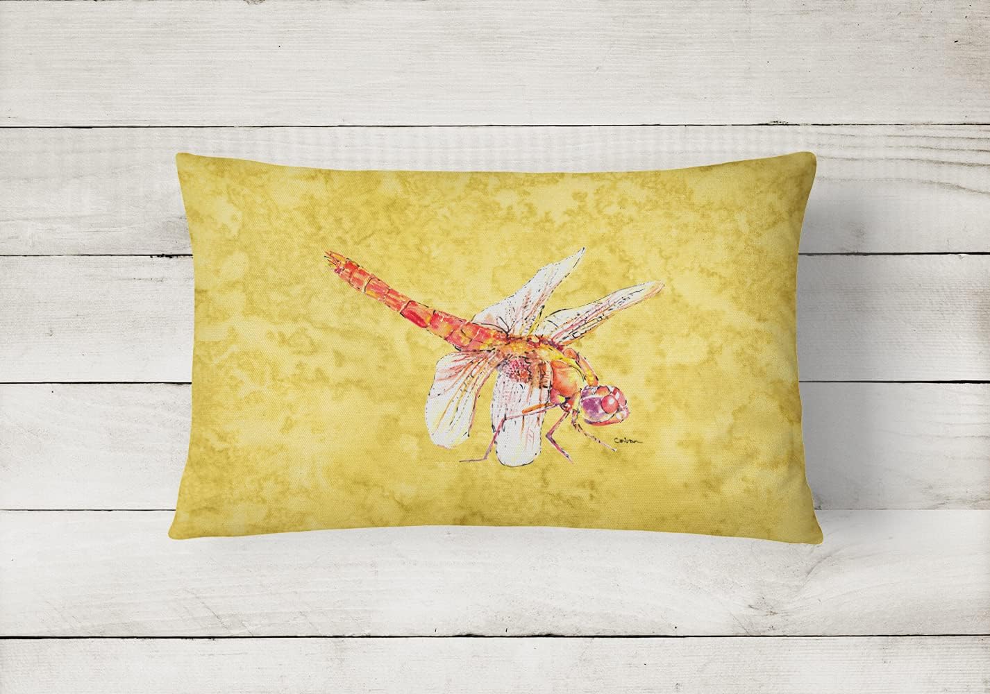 Caroline's Treasures 8866PW1216 Dragonfly on Yellow Canvas Fabric Decorative Pillow Machine Washable, Indoor Outdoor Decorative Pillow for Couch, Bed or Patio, 12HX16W