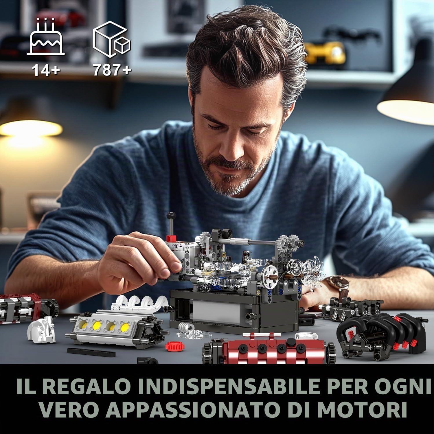 Mould King 10227 Technik V8 - Set di mattoncini motore con batteria, kit di montaggio per ragazzi e adulti (787 pezzi)