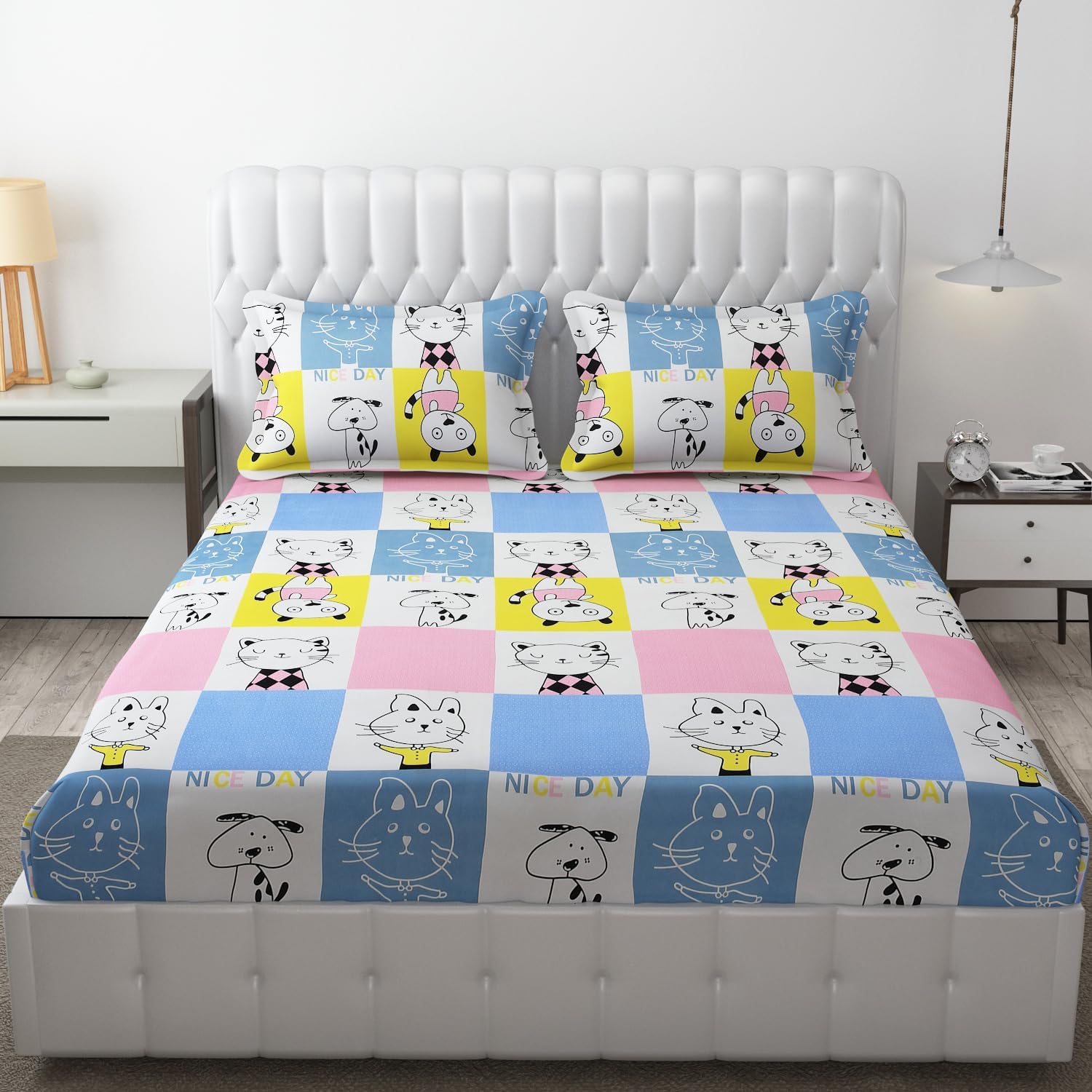 Filymore Cute Cat Bedsheet Made with Microfiber Wrinkle Free Soft Hypoallergenic | Cartoon Printed Double Bed Queen/King Size for Kids (90x90 Inches/Boys Girls Room)(Yellow and Blue)
