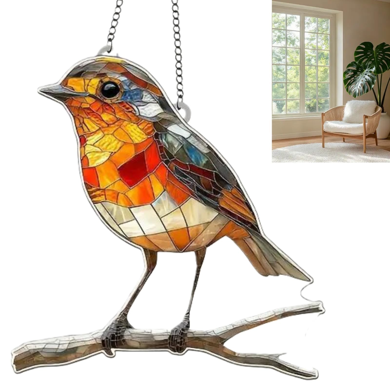 Crystal Orange bird Stained Art Ornament, 2D Flat Orange Acrylic Bird Pendant Sun Catcher for Windows & Garden, Vibrant Stained Glass Window Hanging Garden Ornaments Outdoor, Holiday Decor Gift