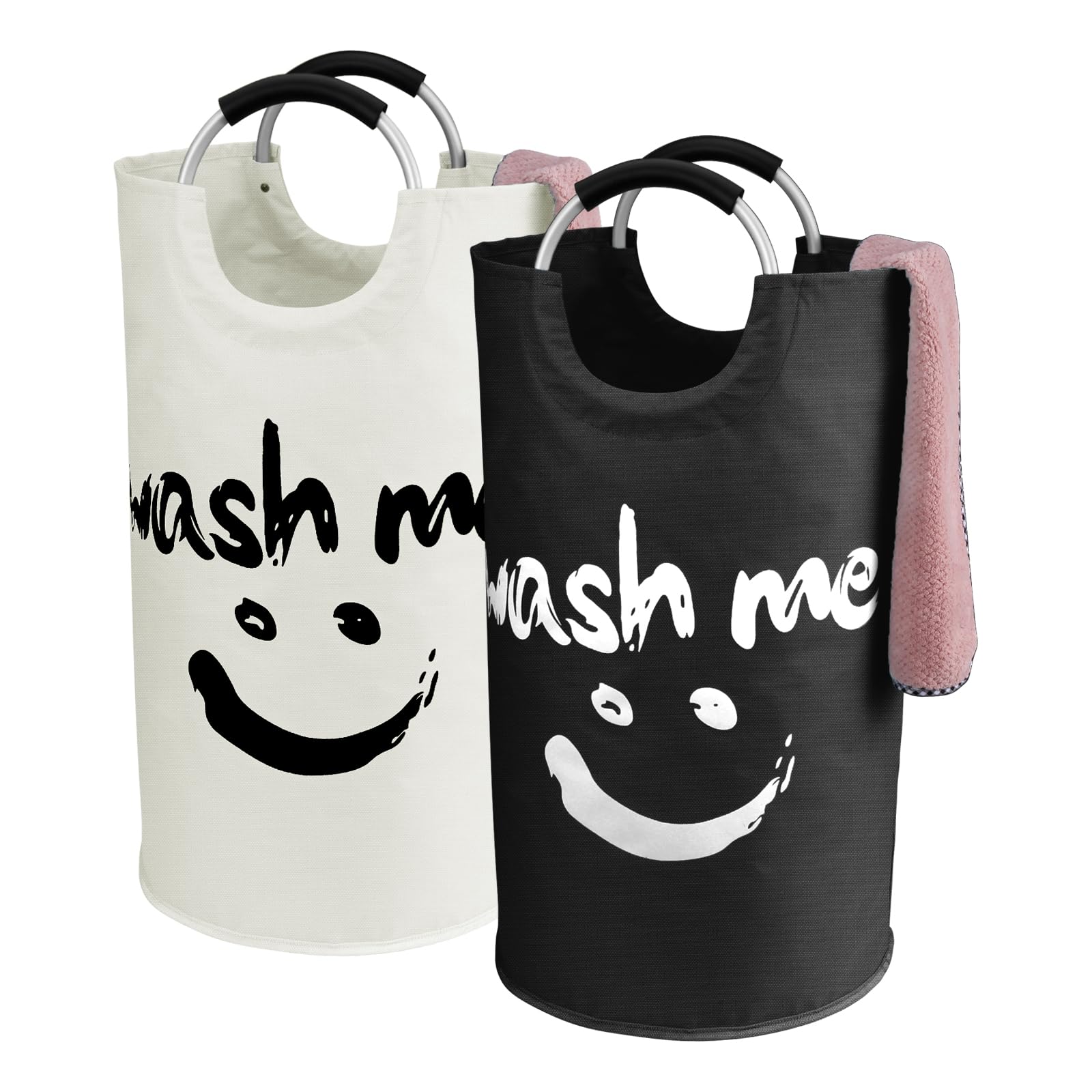 IHOMAGIC 2er-Satz Faltbar Wäschesammler 95L, Wäschetonne Stoff Wäschesack mit Griffe, Dekorativer Wäschekorb mit Smiley Face, Aufbewahrungskorb für das Schlafzimmer, Waschküche (Schwarz/Beige)