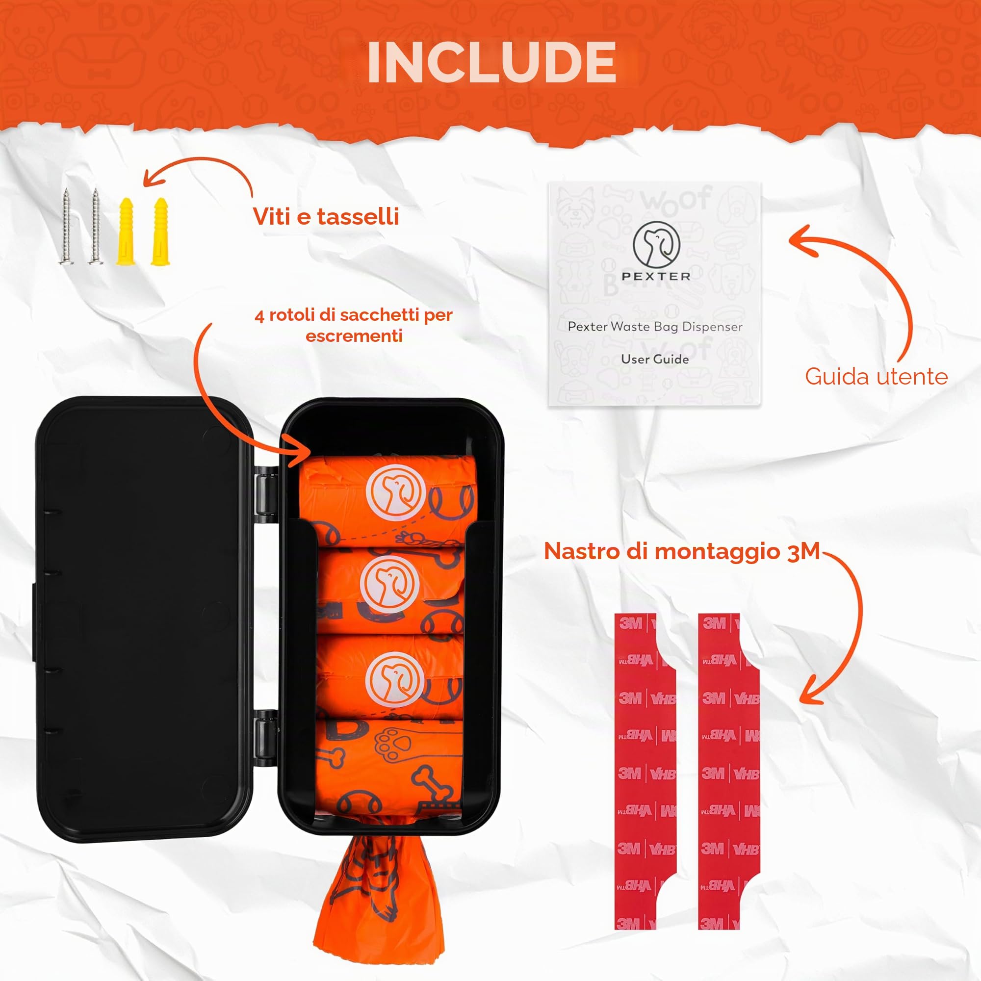 Pexter Dispenser per sacchetti per escrementi di cani, per esterni o interni, supporto a parete da attaccare o avvitare, contenitore per sacchetti per escrementi da esterno, include 4 rotoli per