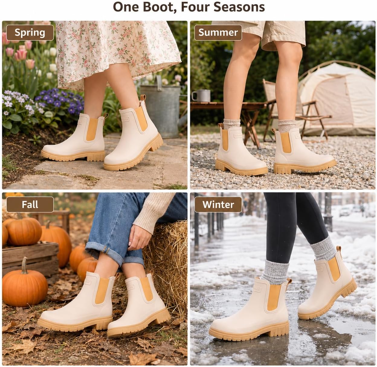 Women's Short Rain Boots Waterproof Chelsea Ankle Boots for Women, Lightweight Non Slip Rubber Garden Shoes with Soft Comfort Insole, Fashion Outdoor Work Booties