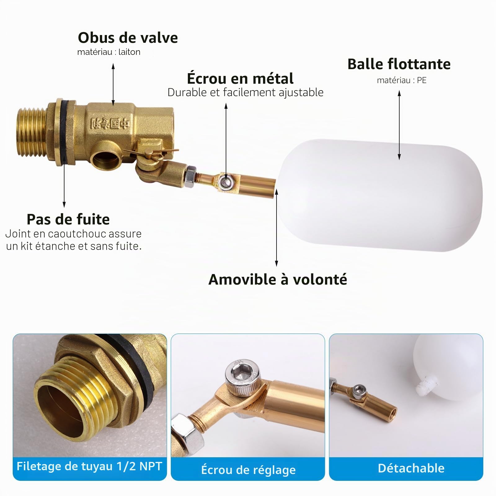 1/2 Pouce Vanne à Flotteur d’Eau Avec Bras Réglable, Vanne à Flotteur De Réservoir d’Eau Pour pour Poissons Aquarium Bovins Moutons