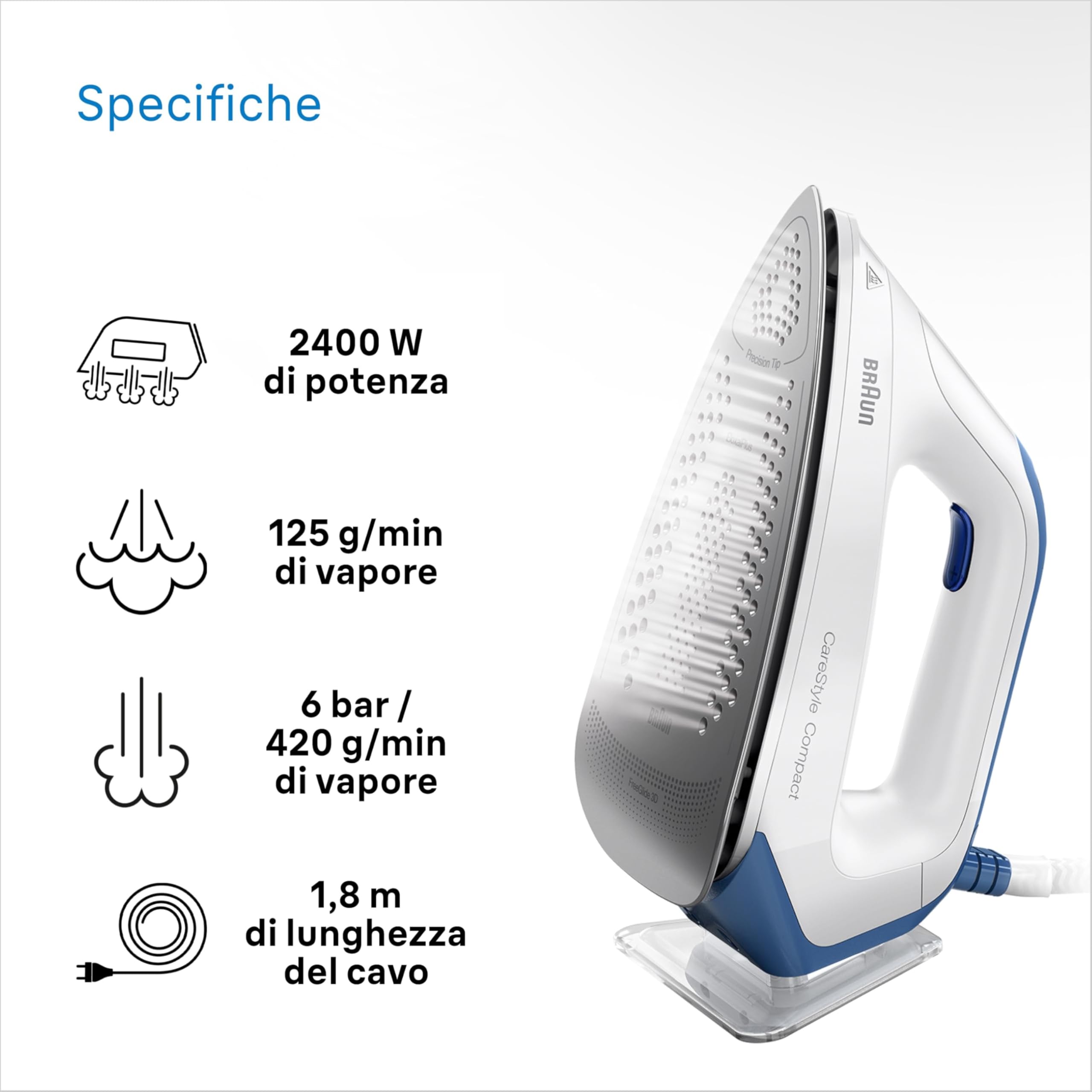 Braun IS2143BL CareStyle Compact Ferro da Stiro con Caldaia, 5 ANNI DI ASSISTENZA, Piastra EloxalPlus, Facile decalcificazione, Colpo Vapore 420g/min, Serbatoio 1.5L, Risparmio energetico, Bianco/Blu