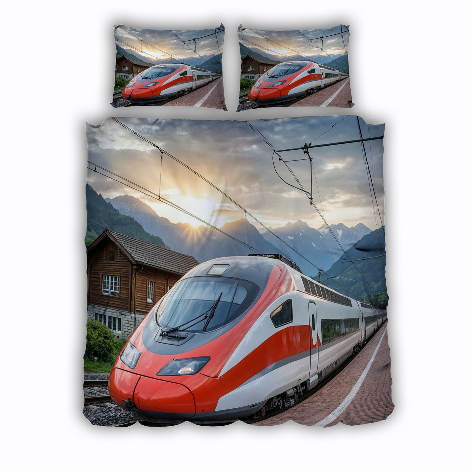 Housse de couette train 240x260 cm en microfibre douce avec 2 taies d'oreiller