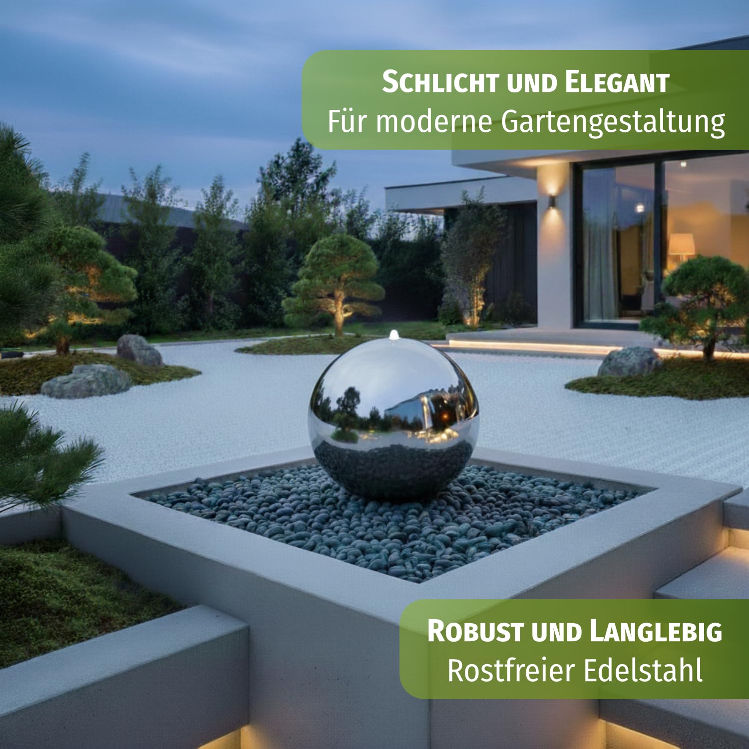 CLGarden Solar Gartenbrunnen für außen 48 cm Edelstahl Kugel poliert, Solarpumpe mit Akku & LED Beleuchtung, Springbrunnen
