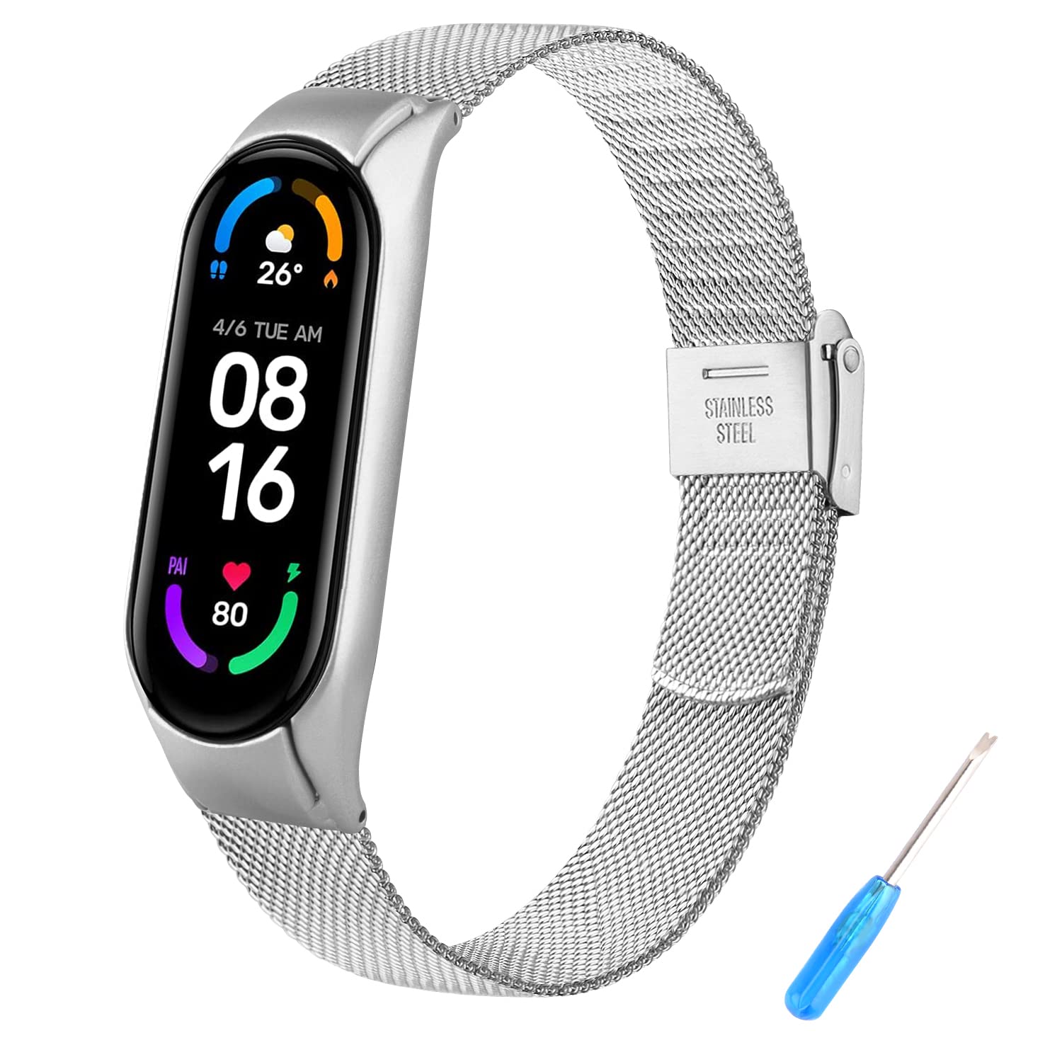 Tobfit Correa Compatible con Xiaomi Mi Band 6 / Xiaomi Mi Band 5, Pulsera de Acero Inoxidable de Metal Ajustable Mejorado (Plata)