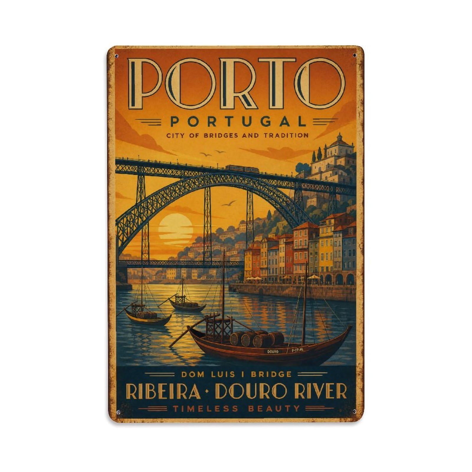 Yrnq 08X12inch Vintage Style Vintage Dom Luis Bridge Douro River Sunset Portugal Metal Tin Sign