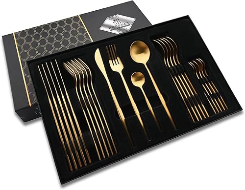 JASHII Juego de cubiertos de regalo, juego de cubiertos de acero inoxidable de 24 piezas, utensilios de cocina, cuchillo, tenedor, cuchara con caja
