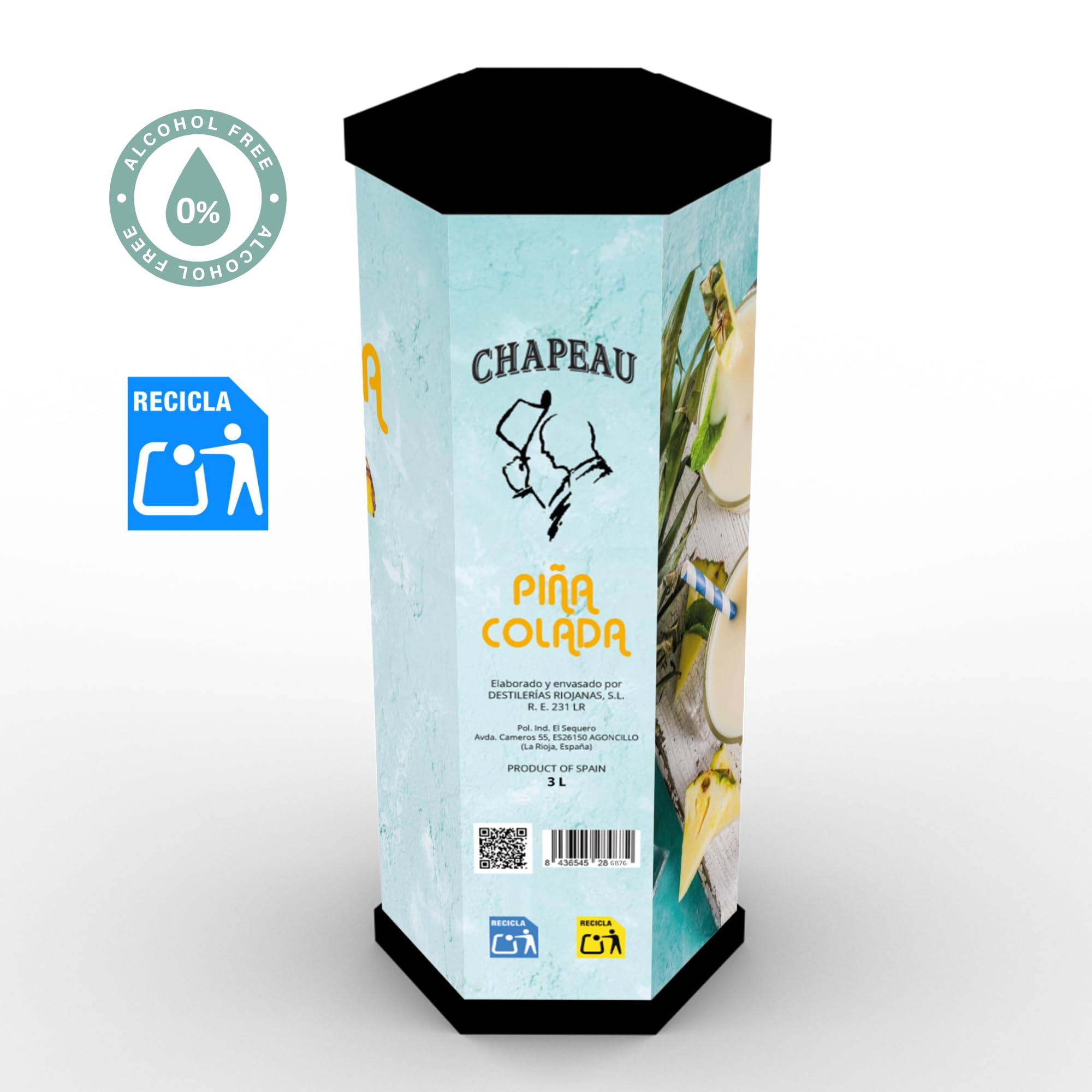 Piña Colada SIN ALCOHOL CHAPEAU – El sabor del Caribe, sin consecuencias | 3 L. Bag in Box Hexagonal | Sin azúcar añadido | Ideal para embarazadas, conductores y gente con buen gusto