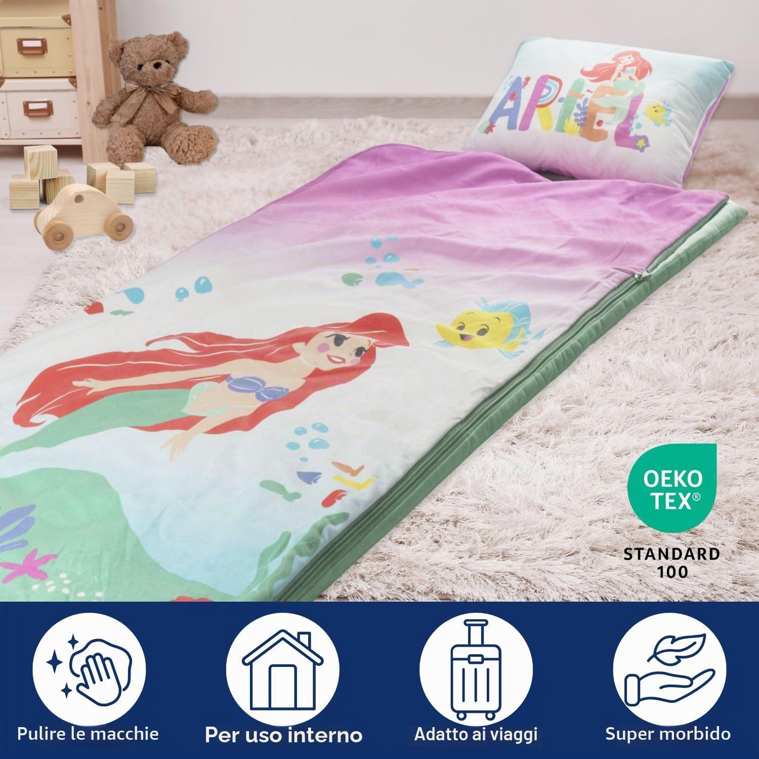 Set sacco a pelo e cuscino Disney La Sirenetta - Comodo sacco nanna da viaggio con manico, ideale per gite scolastiche e pigiama party