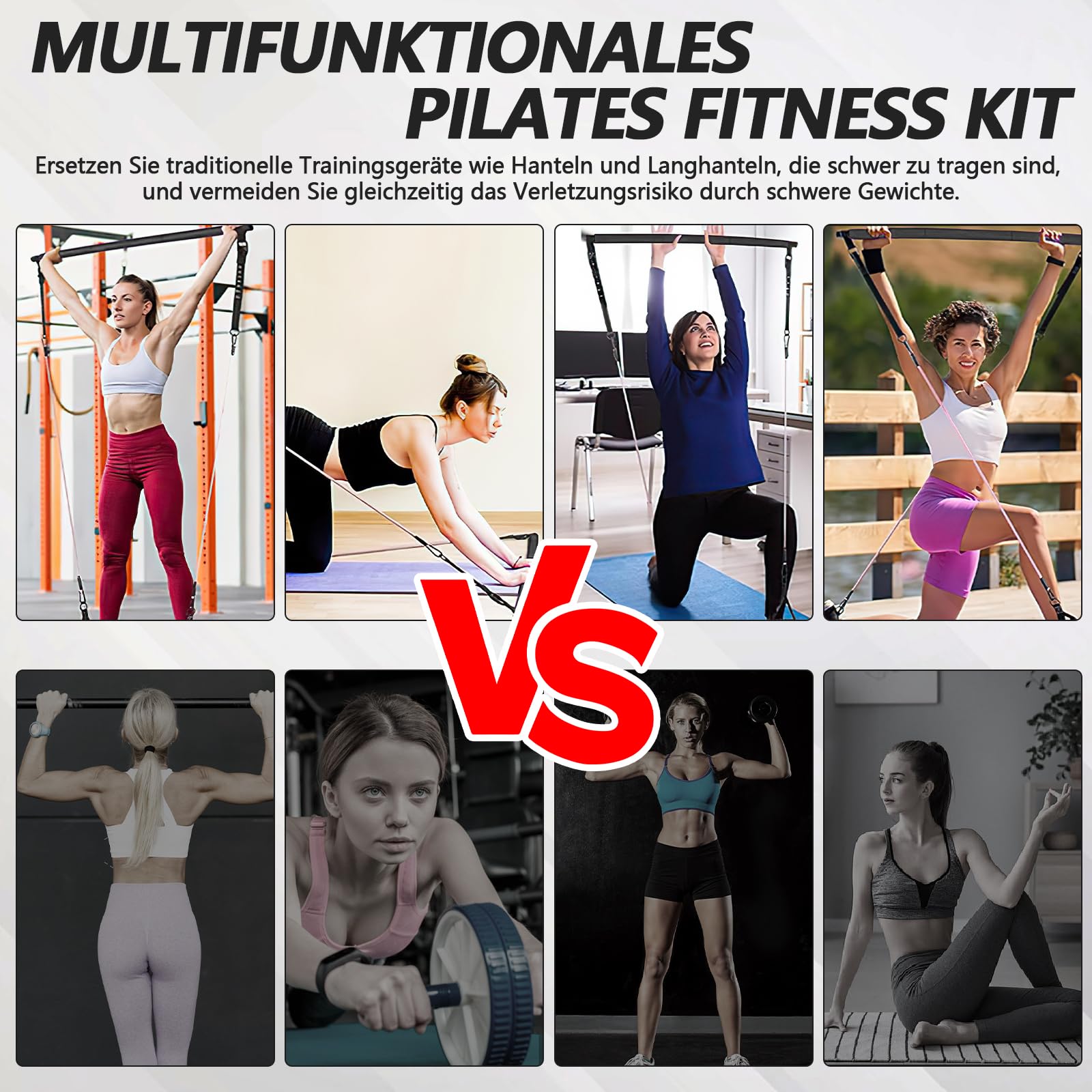 W&H Pilates Bar Set, Komplettpaket für Fitnesstraining mit 6 Widerstandsbändern 13,6/18,2/22,7 kg (30/40/50 LBS), Pilates Bar, Griffe, Türanker, Fußgurte