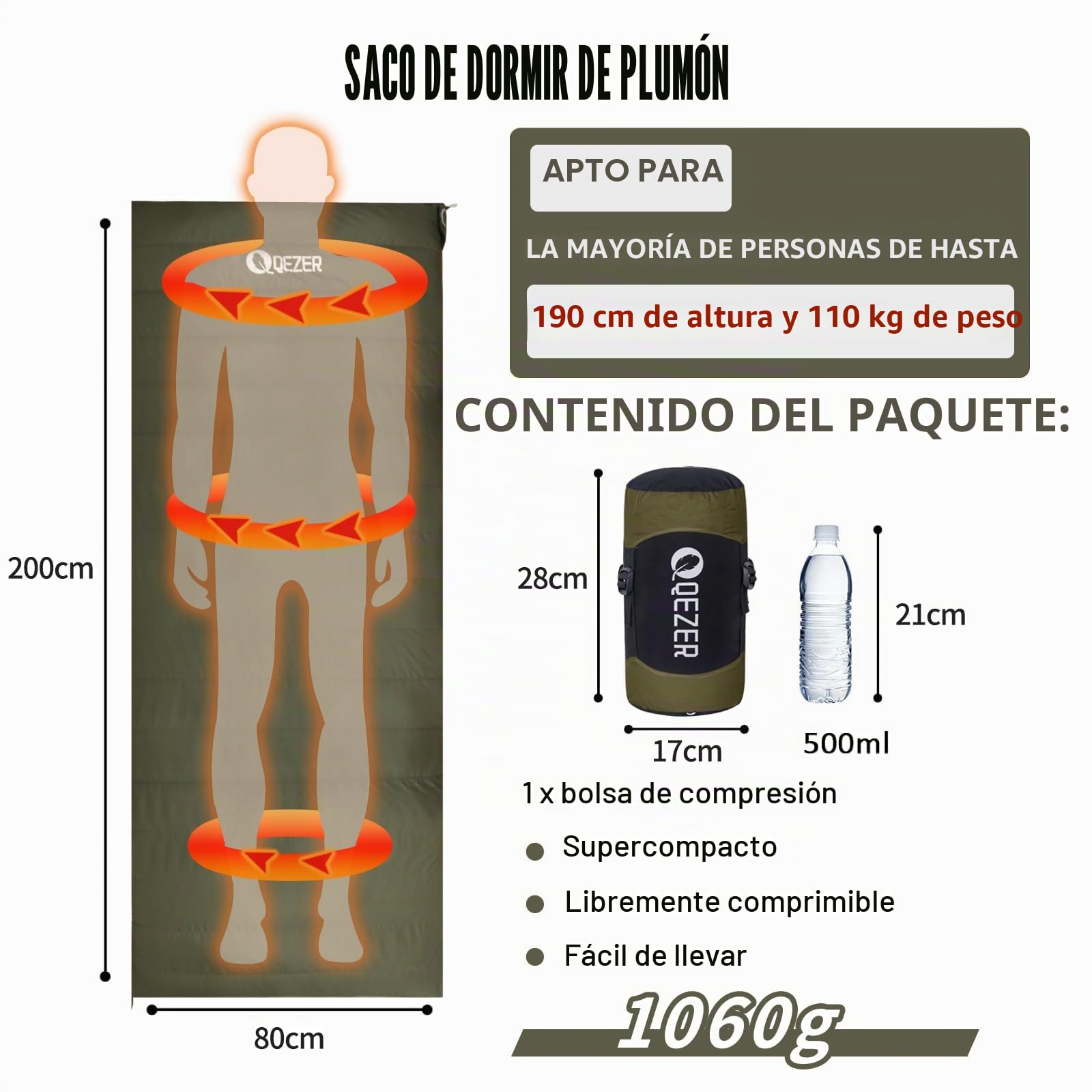 [Plumón] Saco De Dormir Adulto Multifuncional [ 4℃~12℃,1.06 kg ] Ultraligero Sleeping Bag, Camping y Senderismo, 3~4 Estaciones, Compacto y Lmpermeable