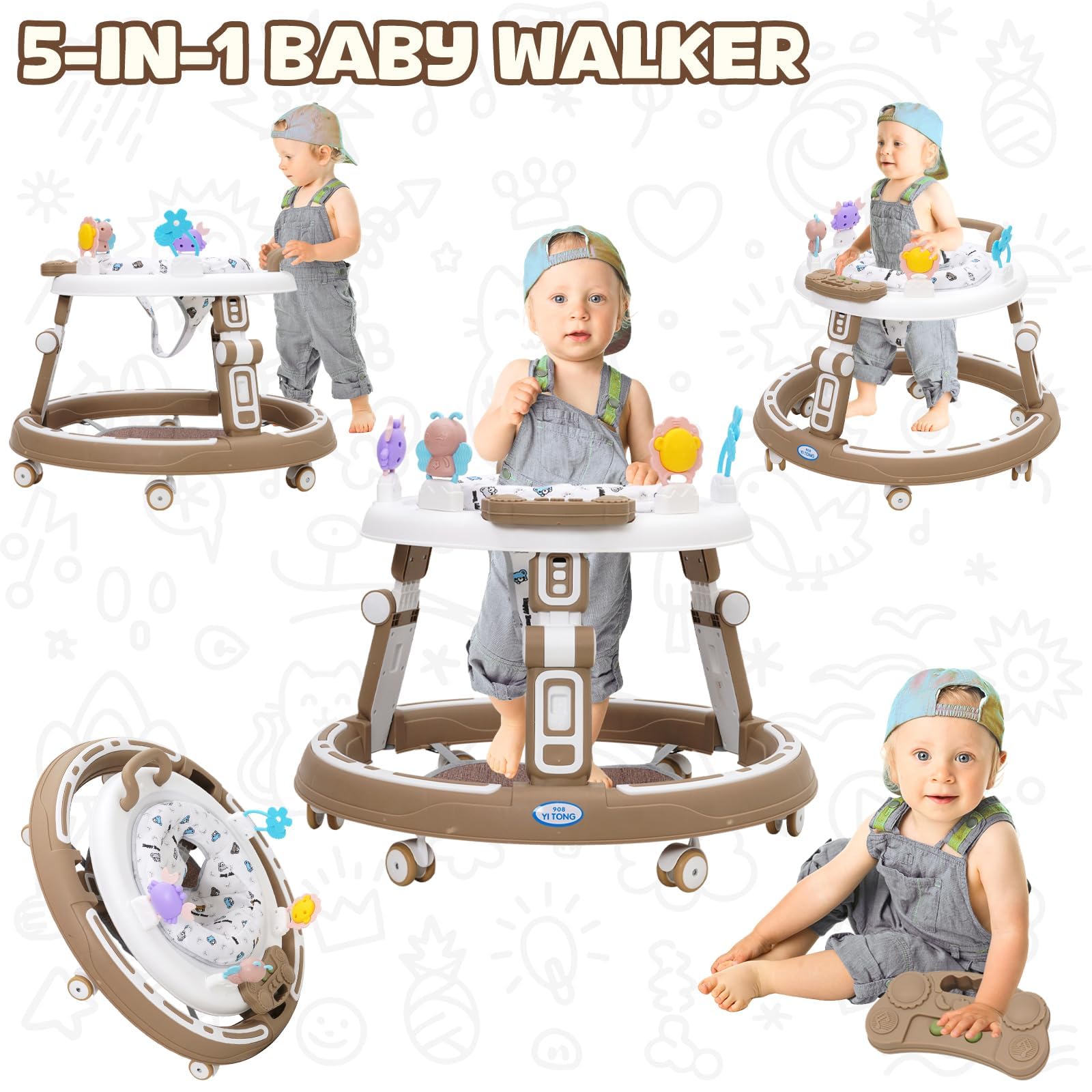 Baby Lauflernhilfe 5in1 mit Musikspielzeug, Fußstütze, 360-Grad-Stummschaltung, 6 Räder, 360° Rotating Seat Baby Lauflernhilfen, zur Faltbar, für Babys ab 6 Monaten Geeignet,Braun