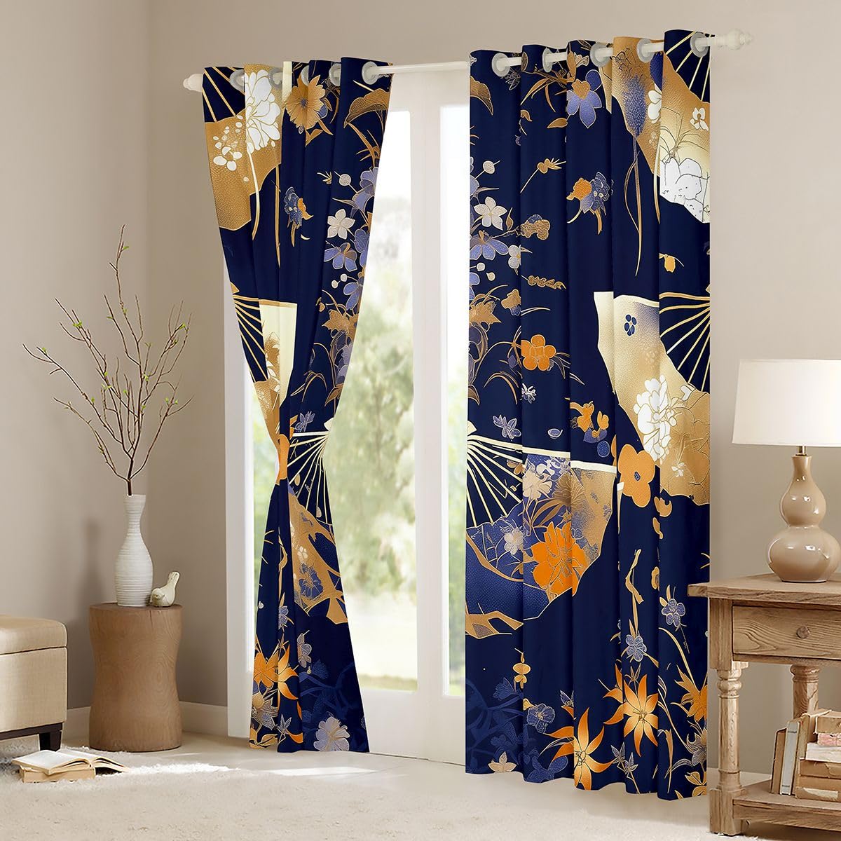 Homewish Fanowe zasłony okienne, 117 x 137 cm, 2 zestawy paneli – kwiatowe zasłony zaciemniające, japońskie składane wachlarze, kwiatowe zasłony okienne, piwonia, kwiat śliwy, stokrotka do sypialni