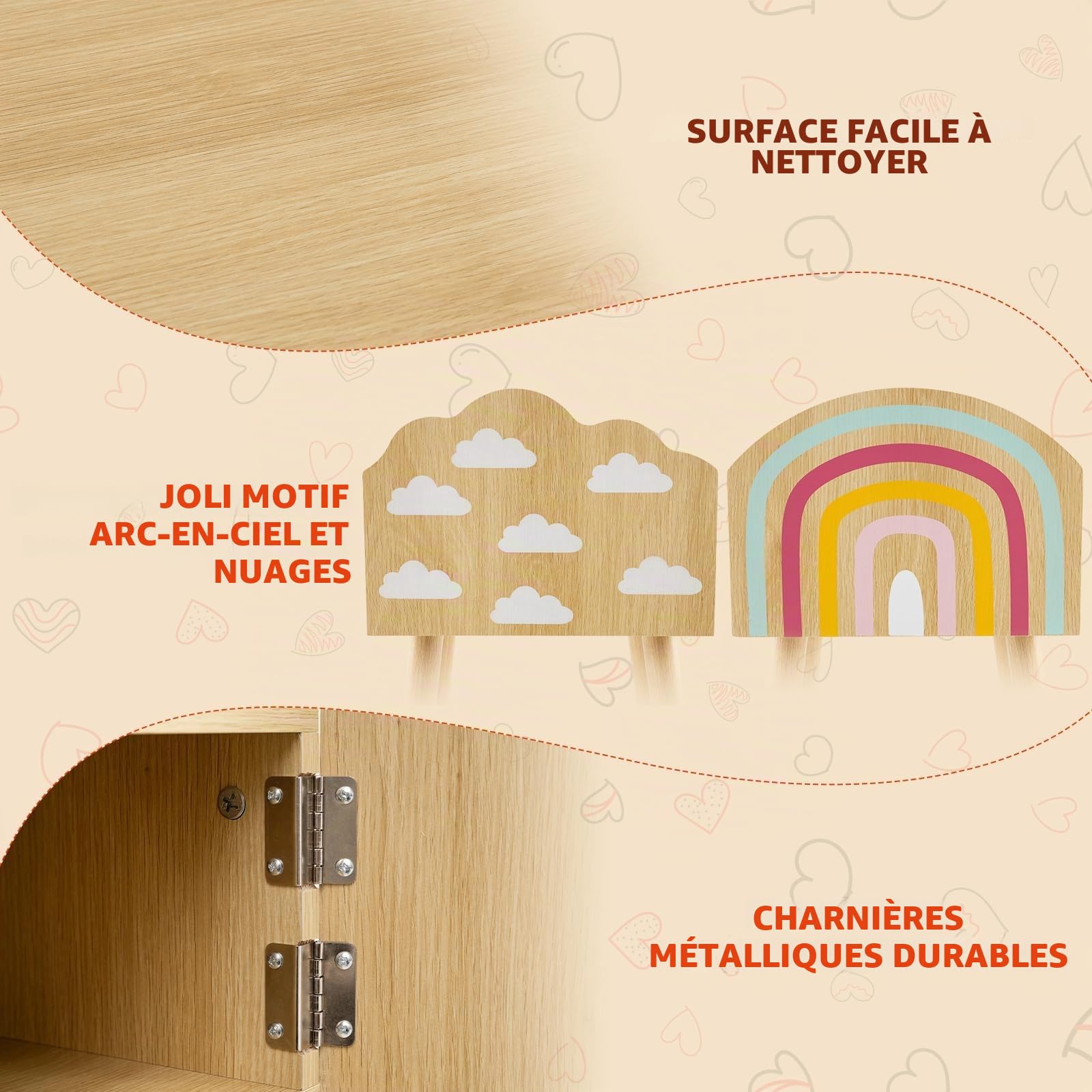FANTASK Lot de 2 Tables de Chevet pour Enfant avec Motifs Arc-en-Ciel et Nuages - Petite Table d'appoint Mignonne et Pieds en Bois Massif - Table de Chevet pour Chambre d'enfant - 34 x 30 x 54 cm