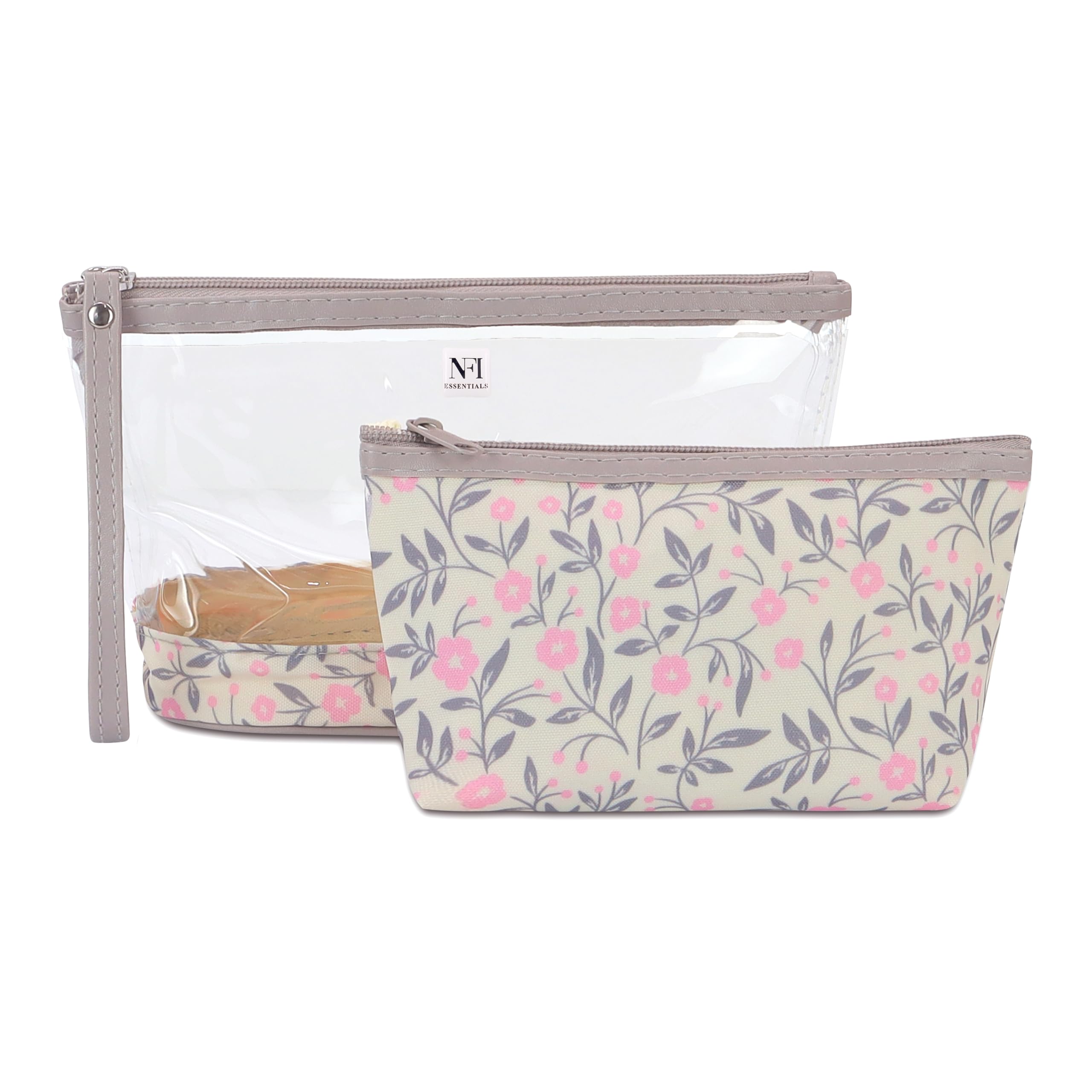 NFI essentials Set of 2 Flower Print Cosmetic Pouch Makeup Pouch Travel Organizer Toiletry Bag for Women Zippered Pouch Set with Handle, Large & Medium-picture-39